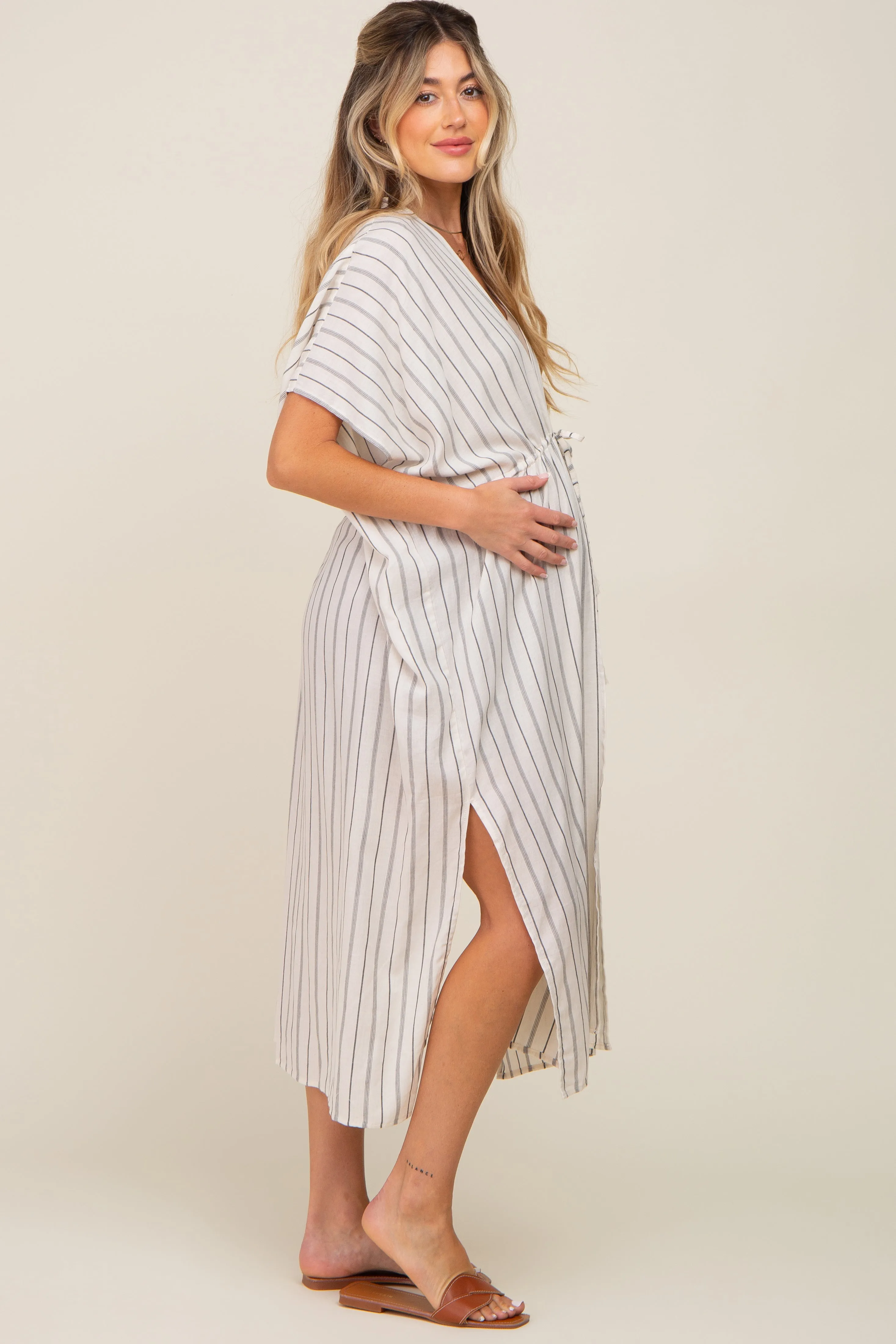 Ivory Striped Side Slit Tassel Tie Maternity Cover-Up sold by Pinkblush product image thumbnail 2