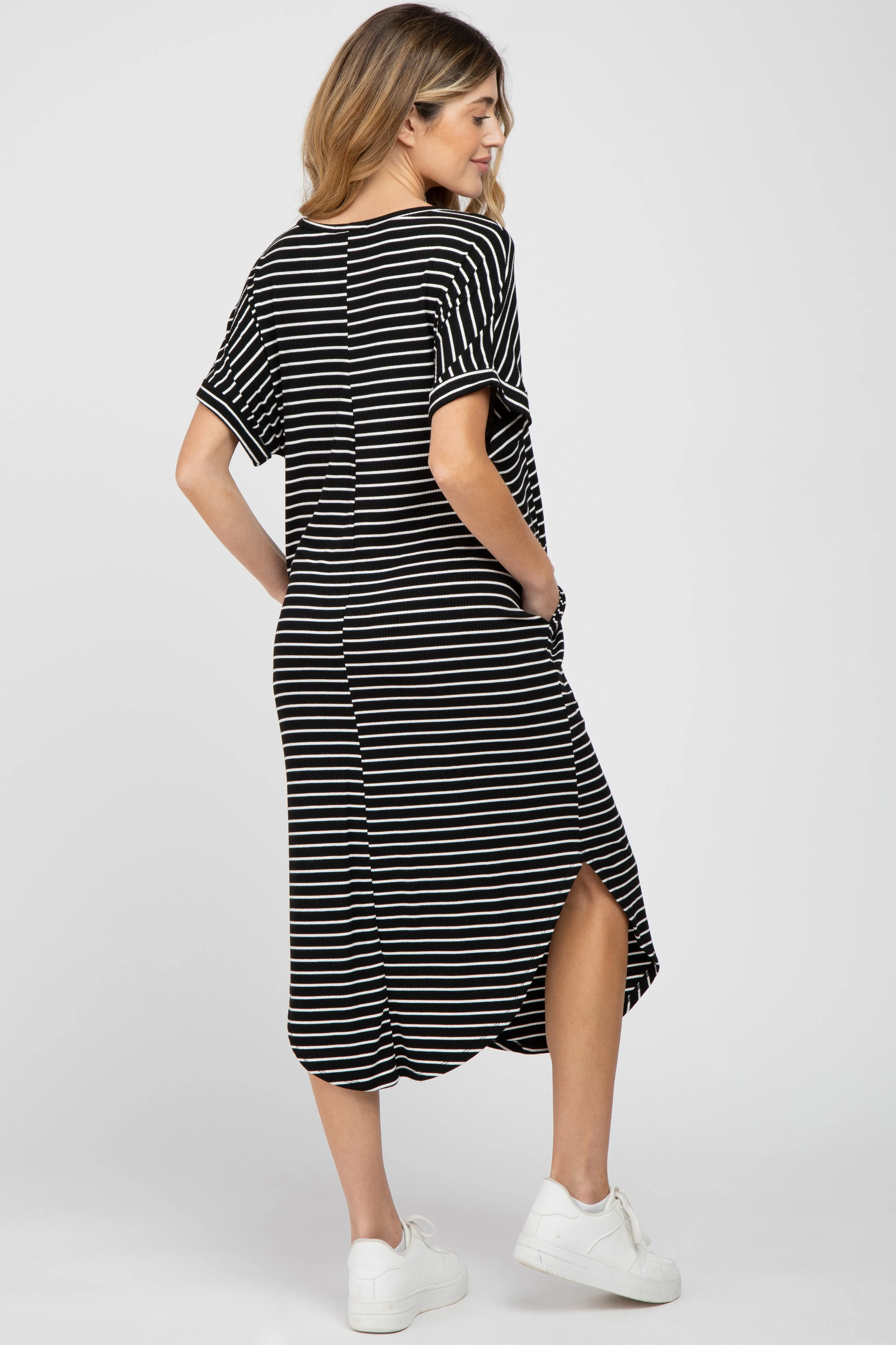 Black Striped Ribbed Curved Hem Maternity Midi Dress sold by Pinkblush product image thumbnail 3