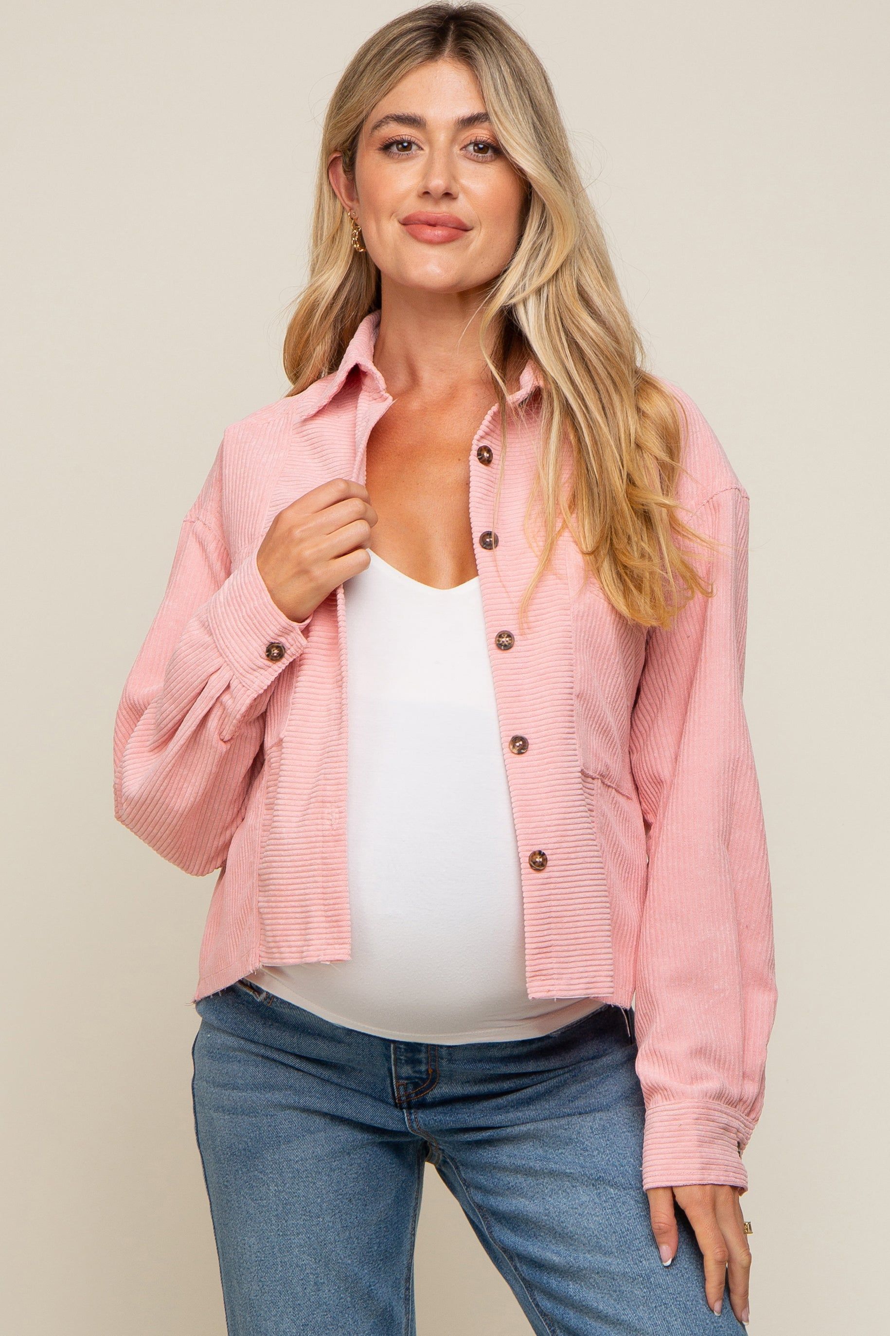 Light Pink Corduroy Raw Hem Maternity Shacket sold by Pinkblush