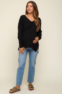 Black Long Sleeve Side Slit Maternity Sweater sold by Pinkblush