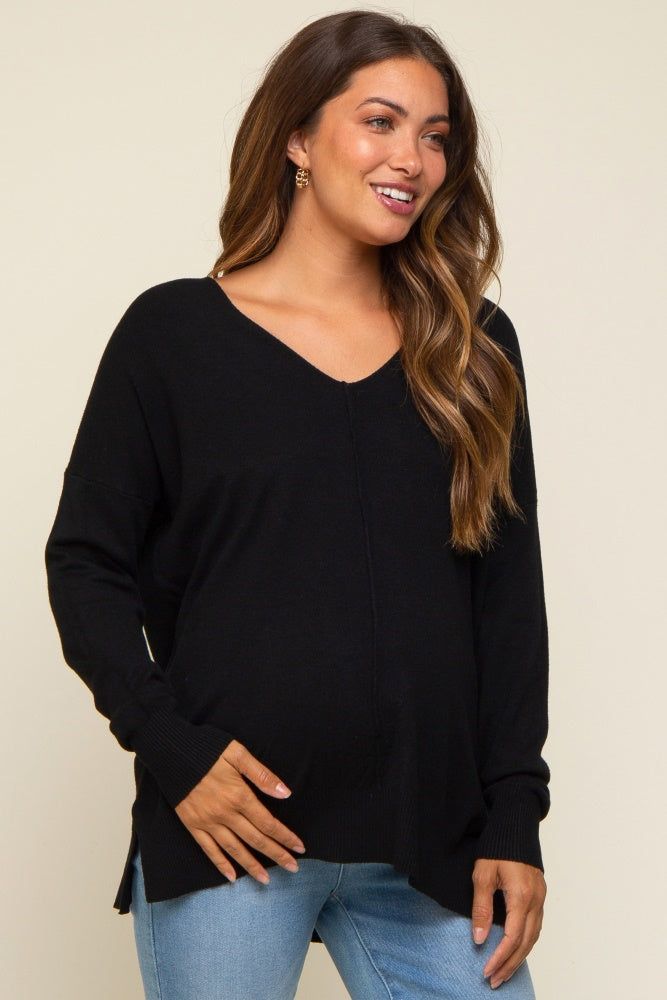 Black Long Sleeve Side Slit Maternity Sweater sold by Pinkblush