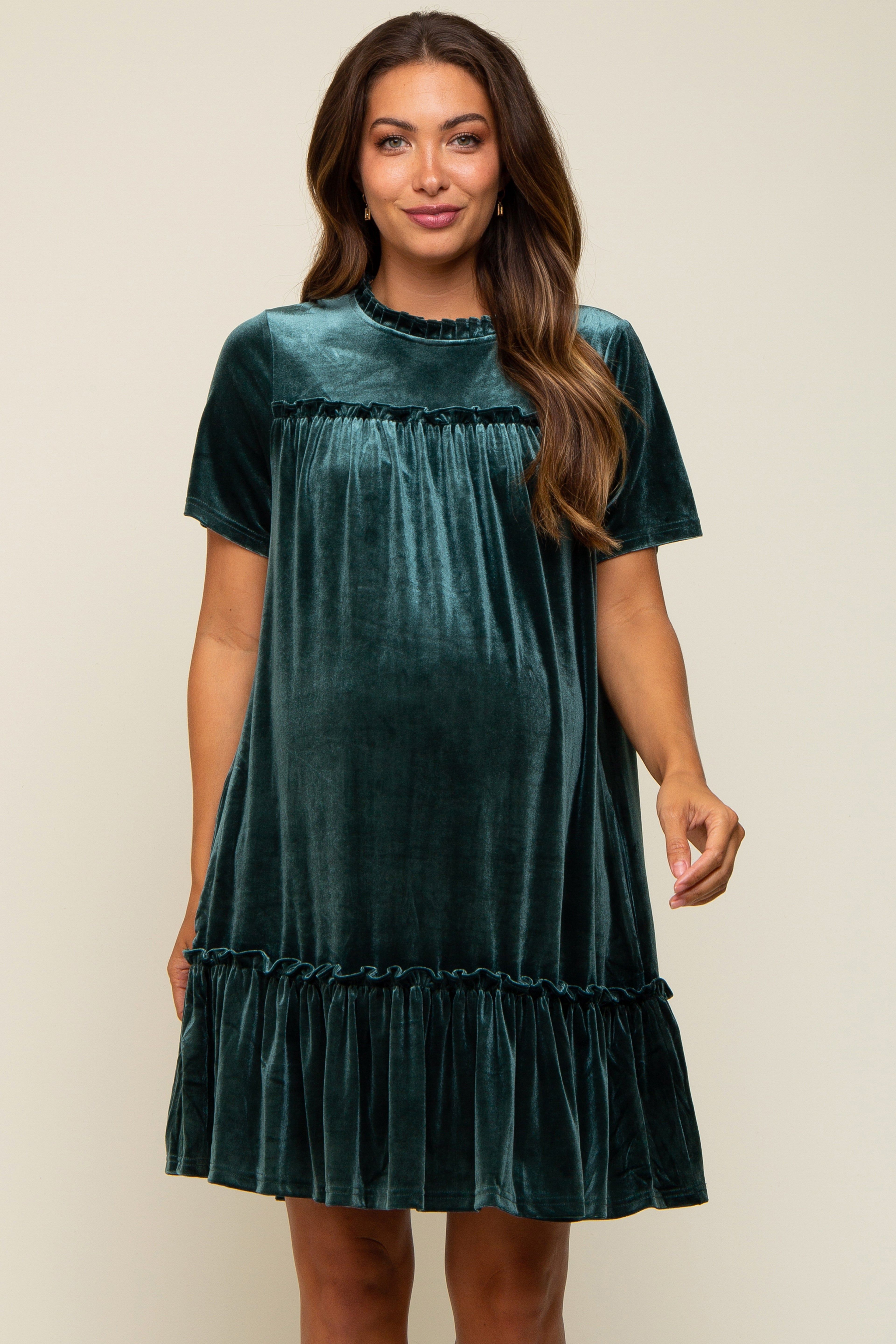 Dark Jade Ruffle Accent Velvet Maternity Dress sold by Pinkblush product image thumbnail 2