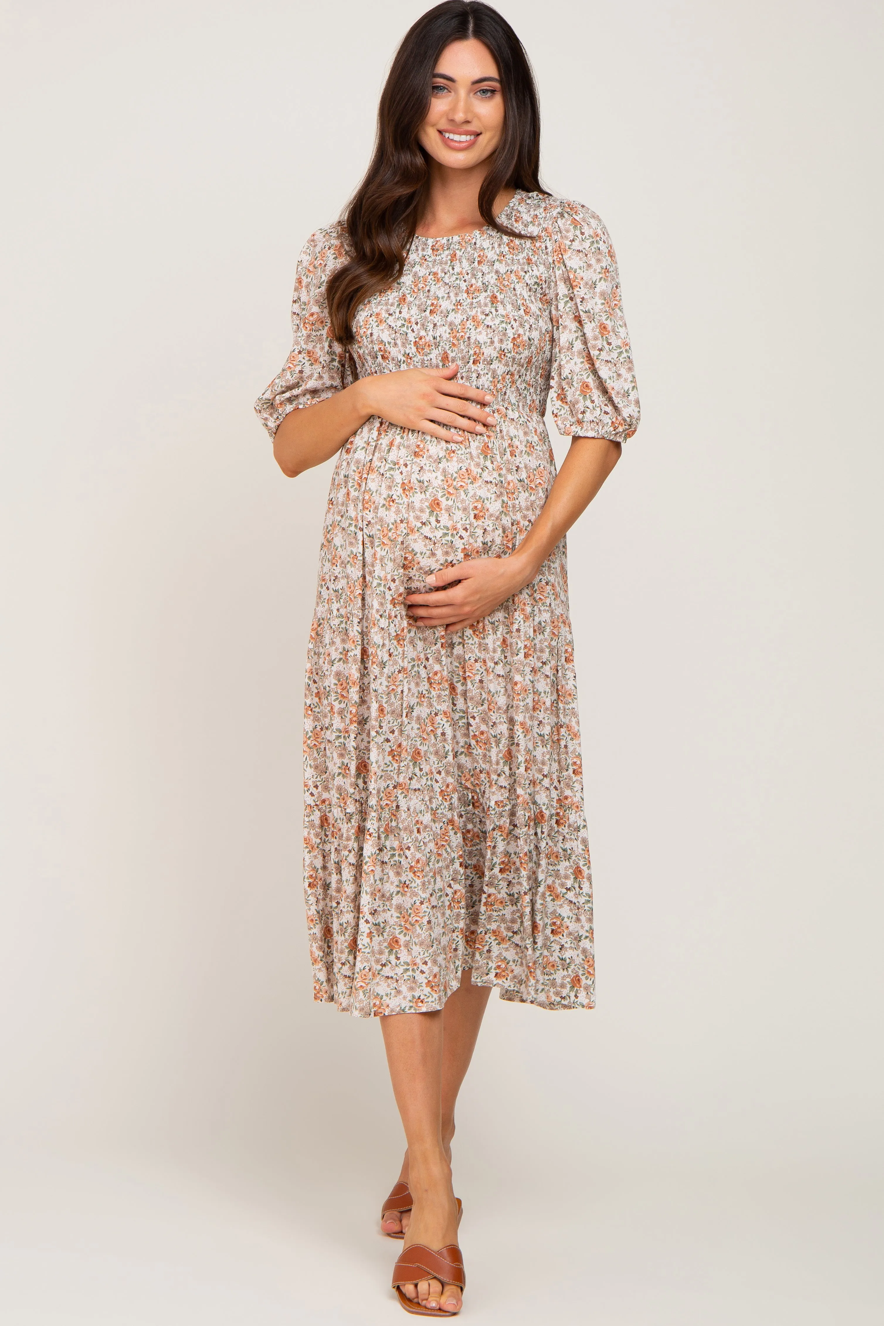 Taupe Floral Smocked Tiered Maternity Midi Dress sold by Pinkblush product image thumbnail 5