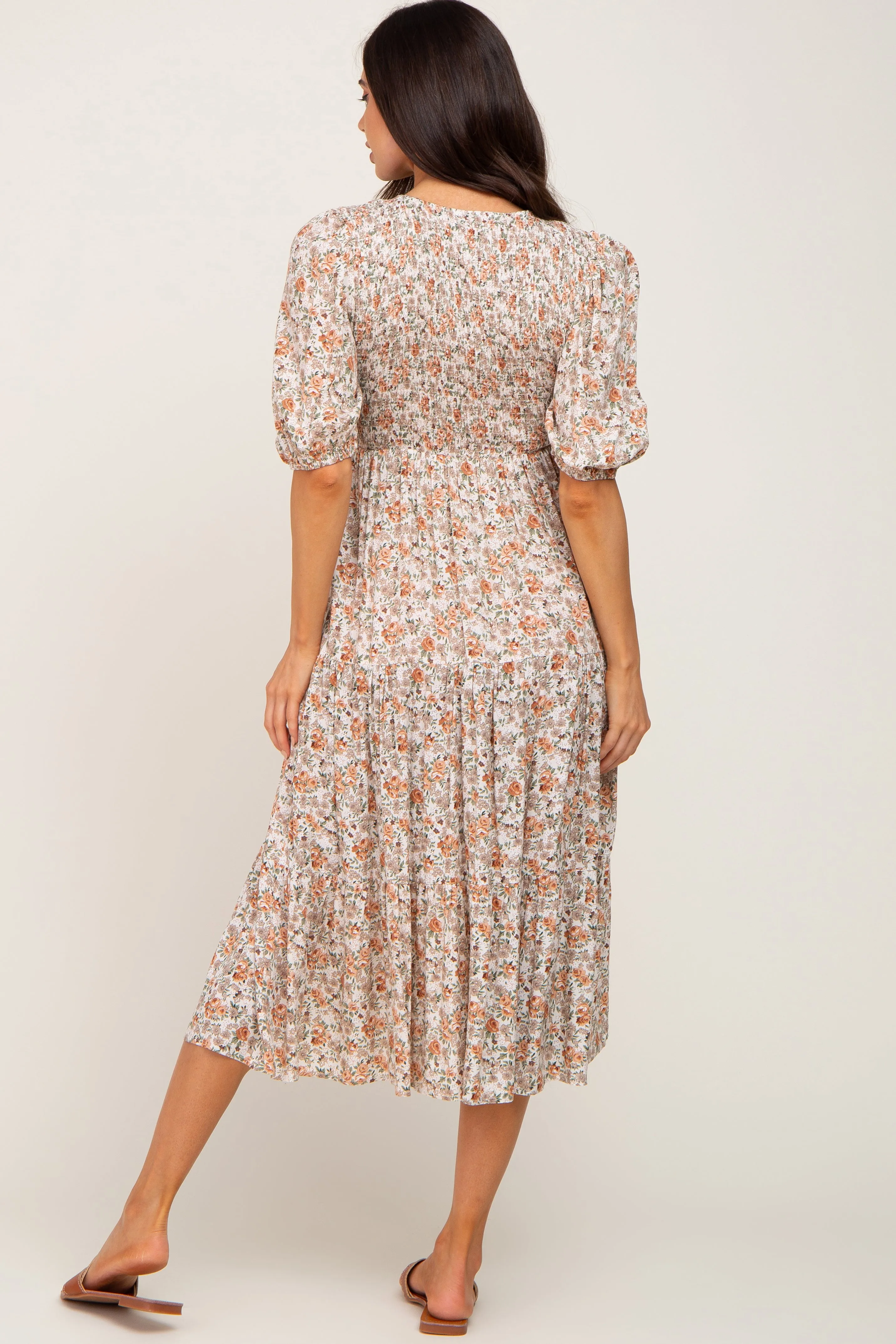 Taupe Floral Smocked Tiered Maternity Midi Dress sold by Pinkblush product image thumbnail 3