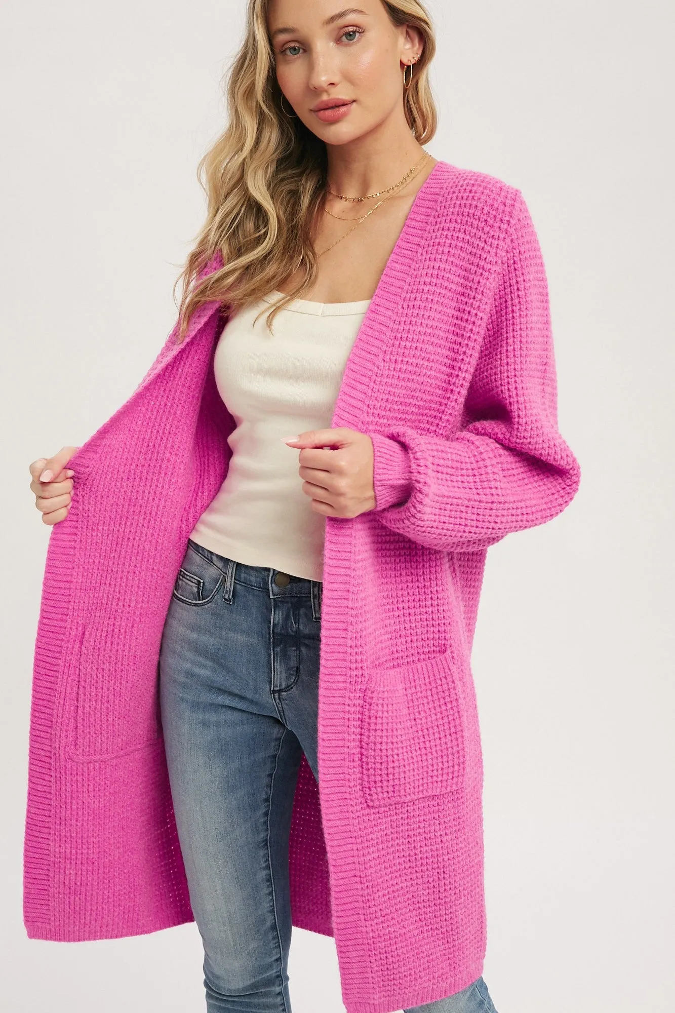 Fuchsia Chunky Waffle Knit Cardigan sold by Pinkblush