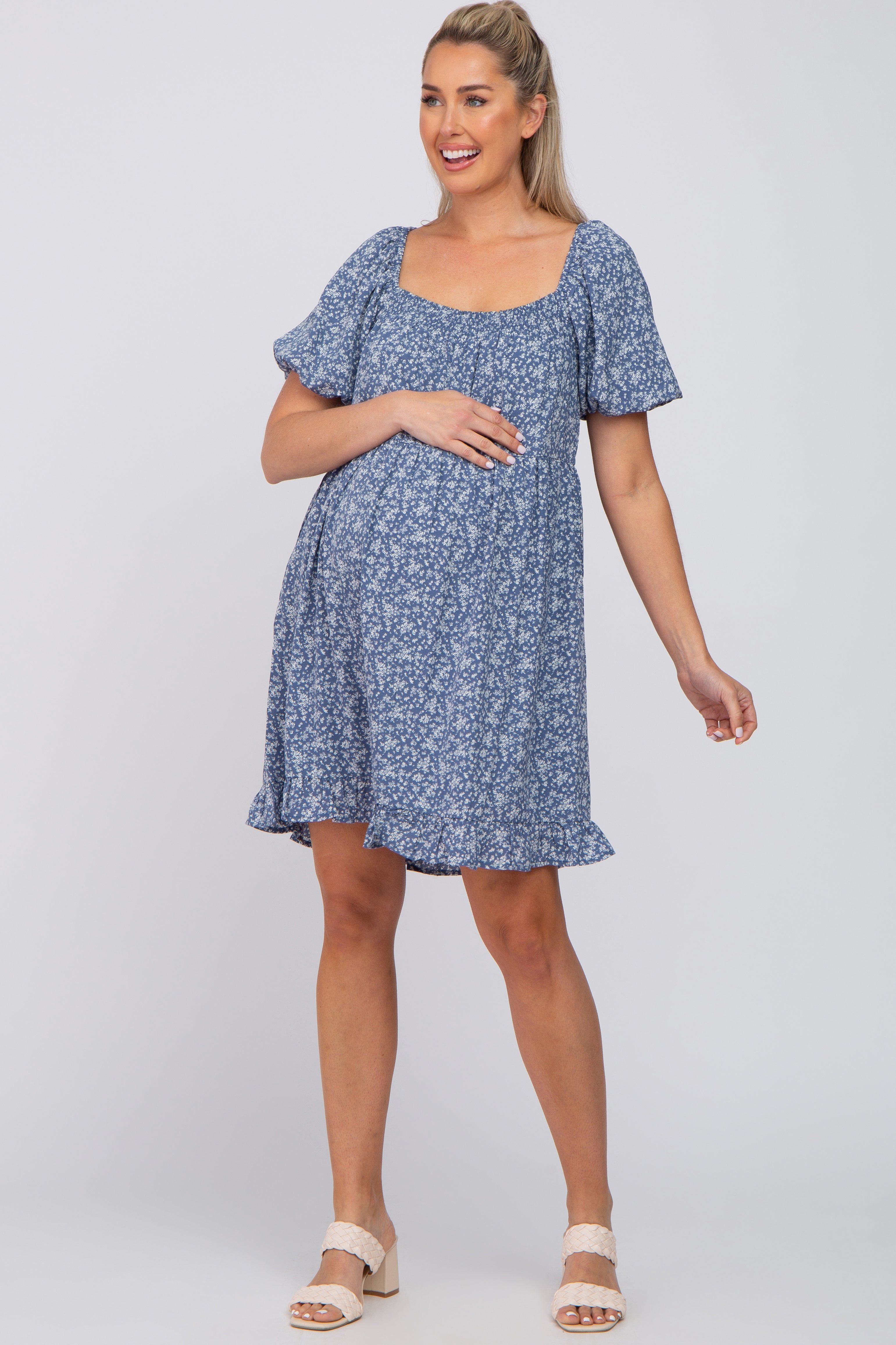 Blue Floral Smocked Square Neck Puff Short Sleeve Maternity Dress sold by Pinkblush