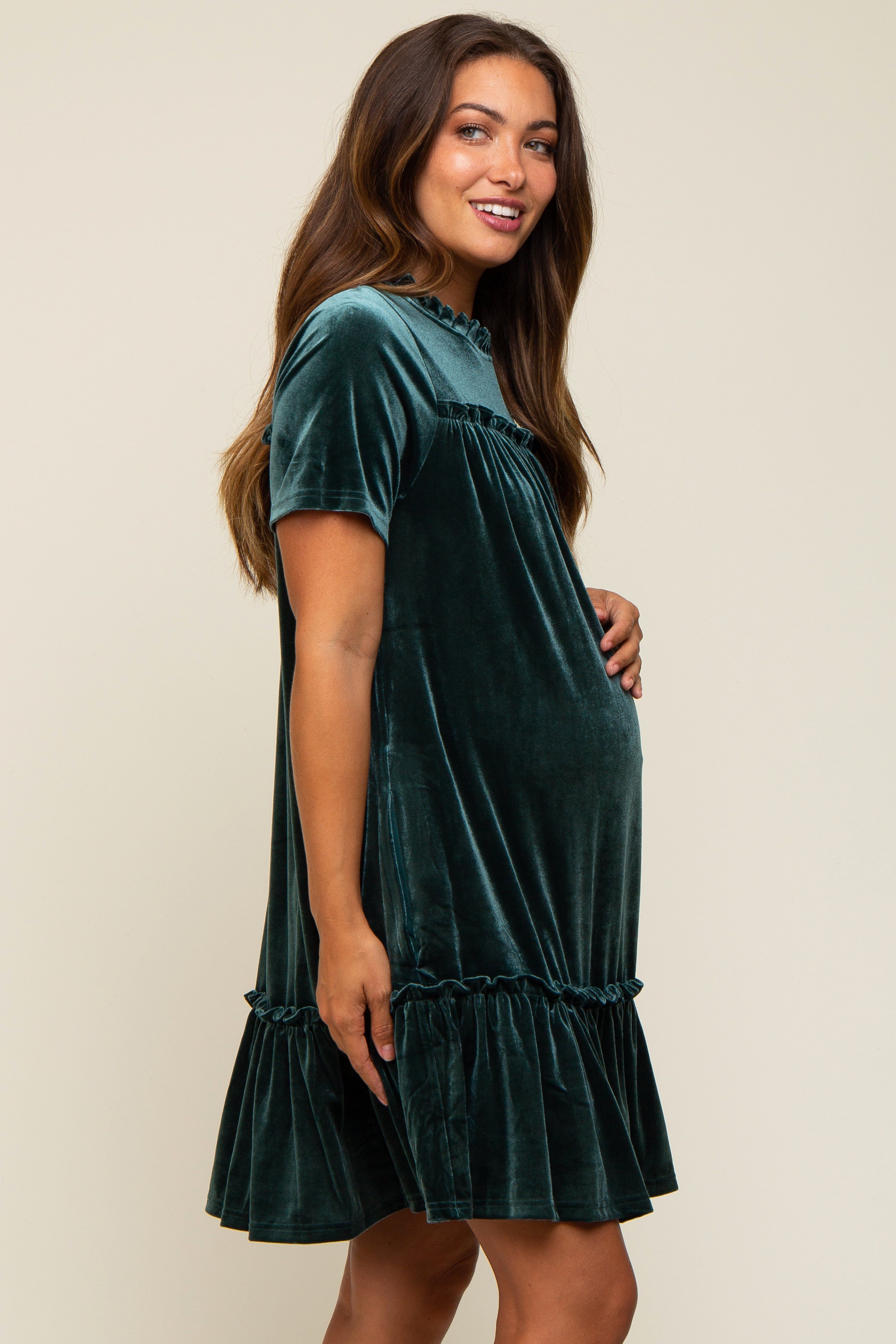 Dark Jade Ruffle Accent Velvet Maternity Dress sold by Pinkblush product image thumbnail 3