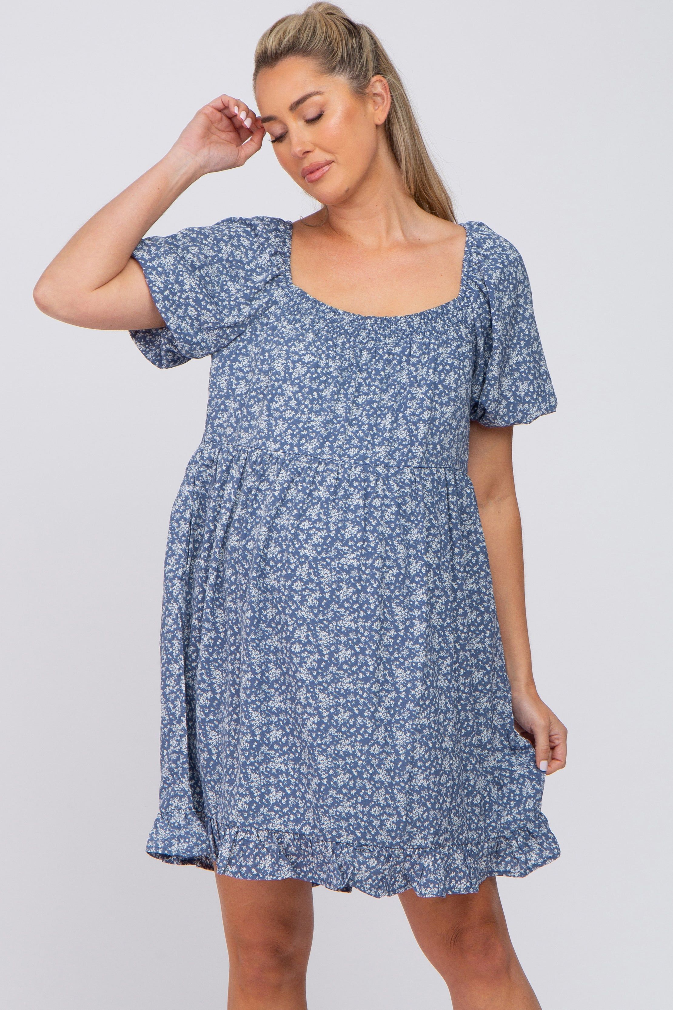 Blue Floral Smocked Square Neck Puff Short Sleeve Maternity Dress sold by Pinkblush product image thumbnail 2