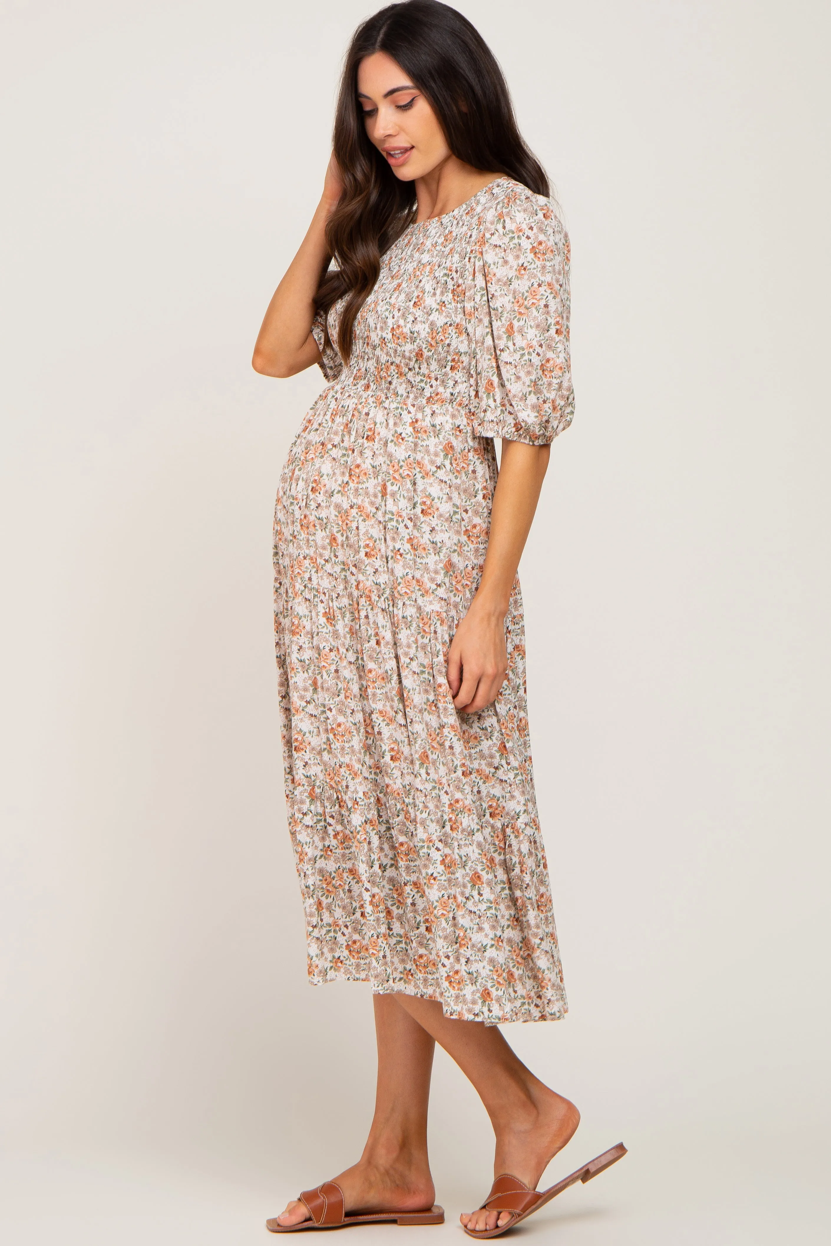 Taupe Floral Smocked Tiered Maternity Midi Dress sold by Pinkblush product image thumbnail 2