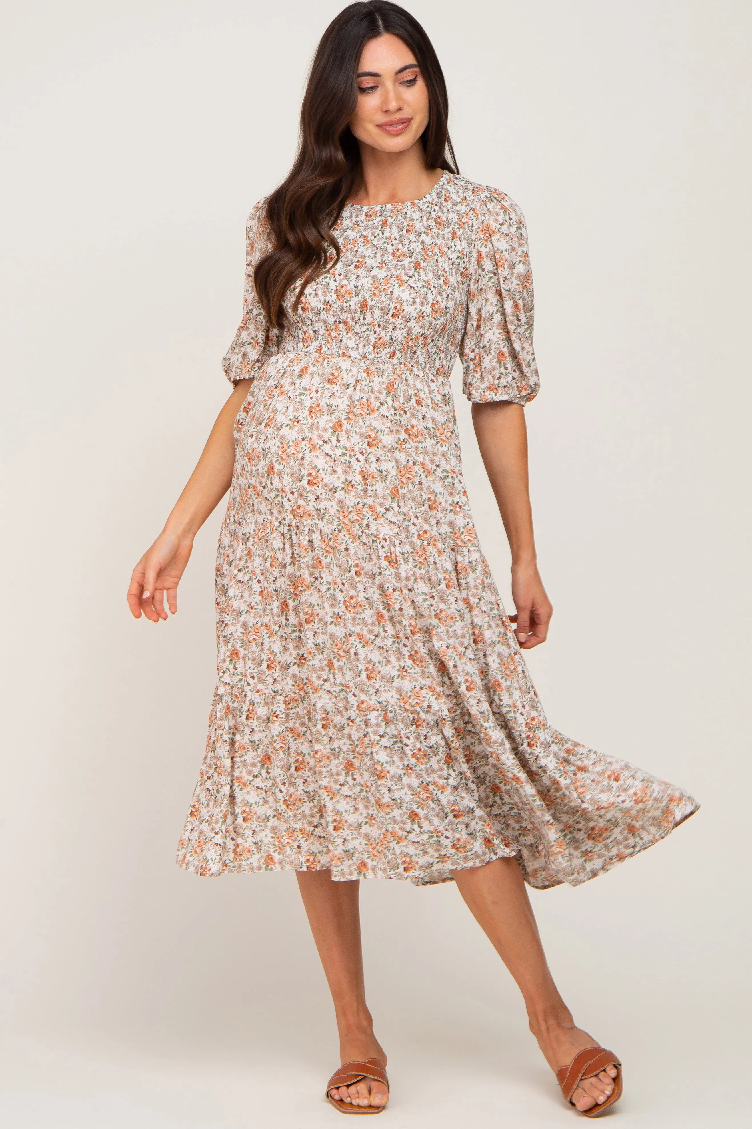 Taupe Floral Smocked Tiered Maternity Midi Dress sold by Pinkblush