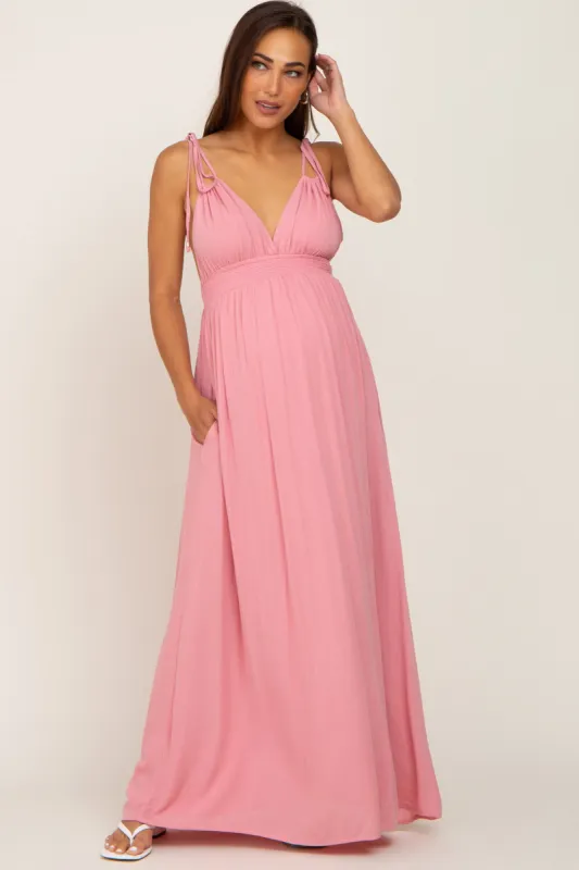 Pink Shoulder Tie Open Back Maternity Maxi Dress sold by Pinkblush