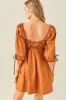 Rust Ruched Puff Sleeve Dress sold by Pinkblush