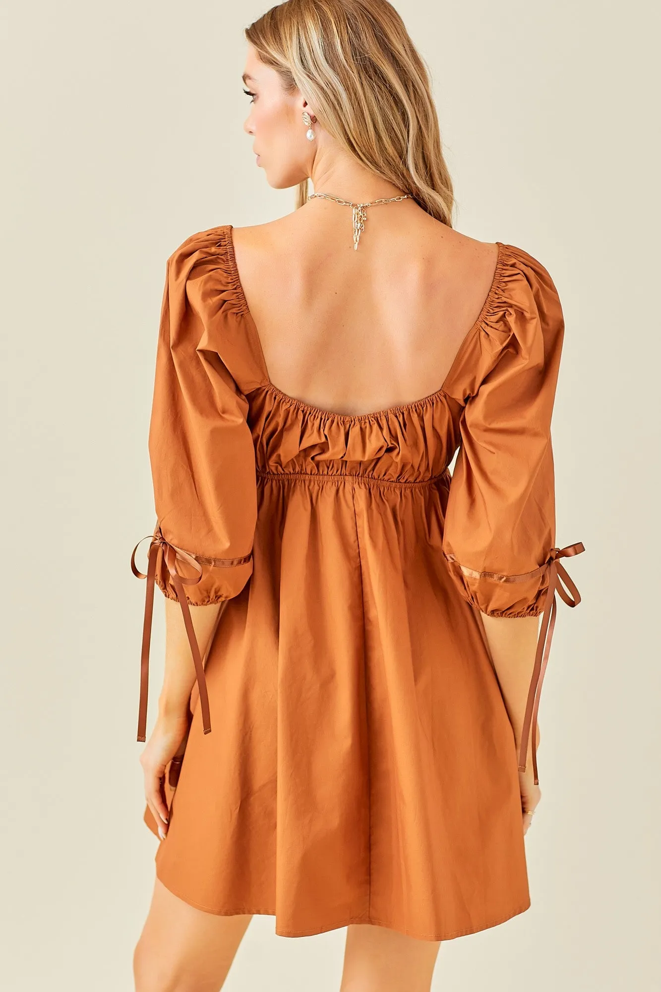 Rust Ruched Puff Sleeve Dress sold by Pinkblush product image thumbnail 4