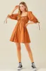 Rust Ruched Puff Sleeve Dress sold by Pinkblush