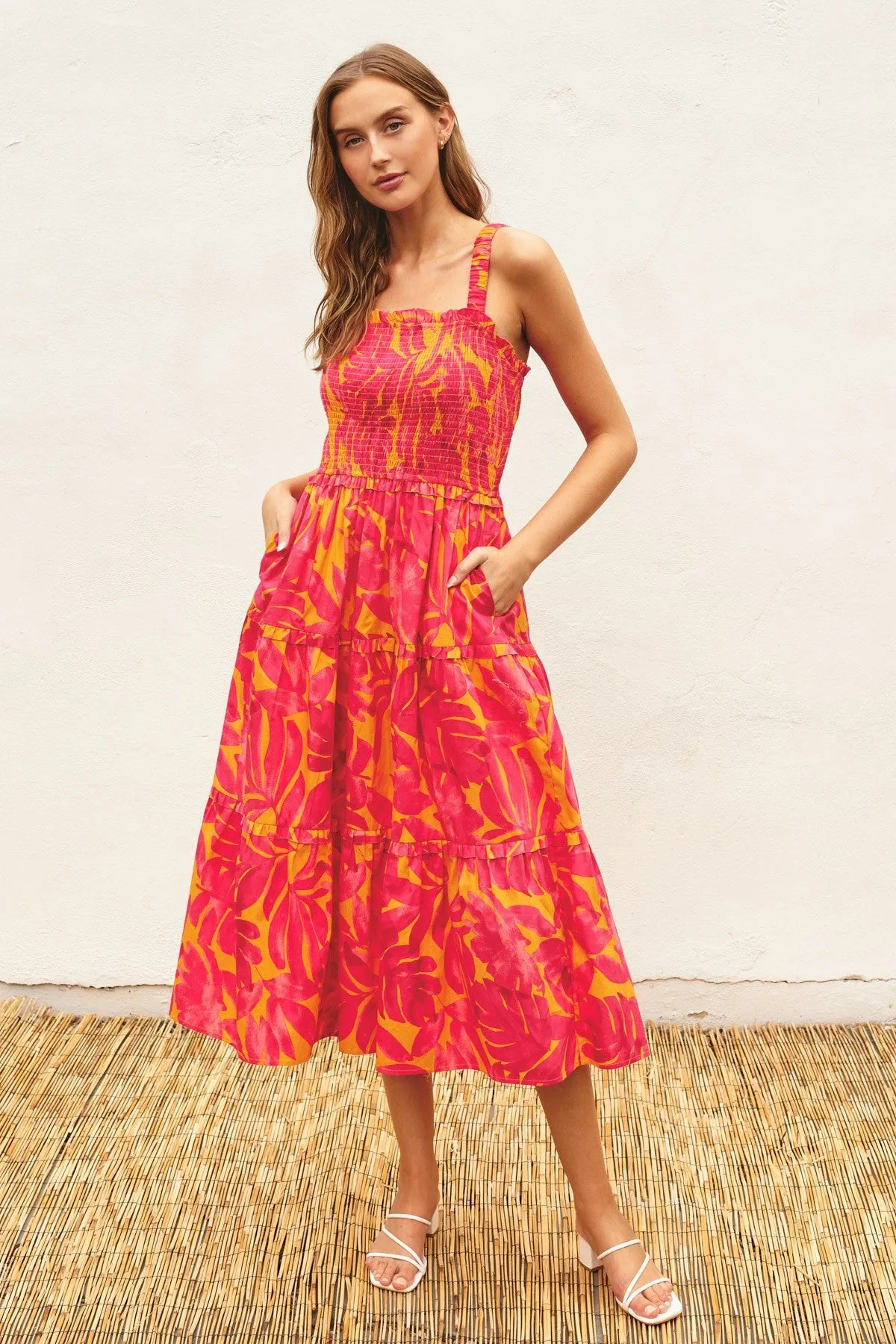 Coral Tropical Smocked Ruffle Tiered Midi Dress sold by Pinkblush