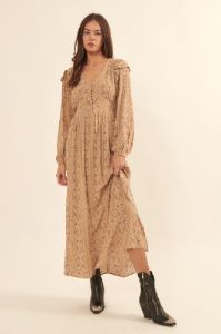 Sand Paisley Bandana Print Ruffled Maxi Dress sold by Pinkblush