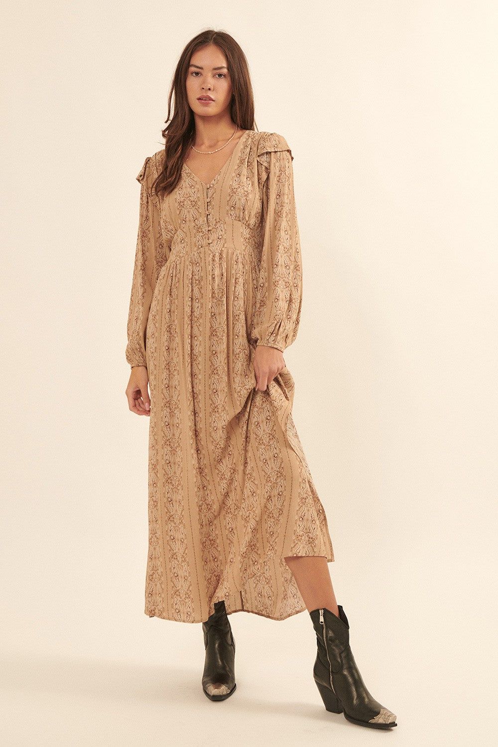 Sand Paisley Bandana Print Ruffled Maxi Dress sold by Pinkblush