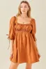 Rust Ruched Puff Sleeve Dress sold by Pinkblush