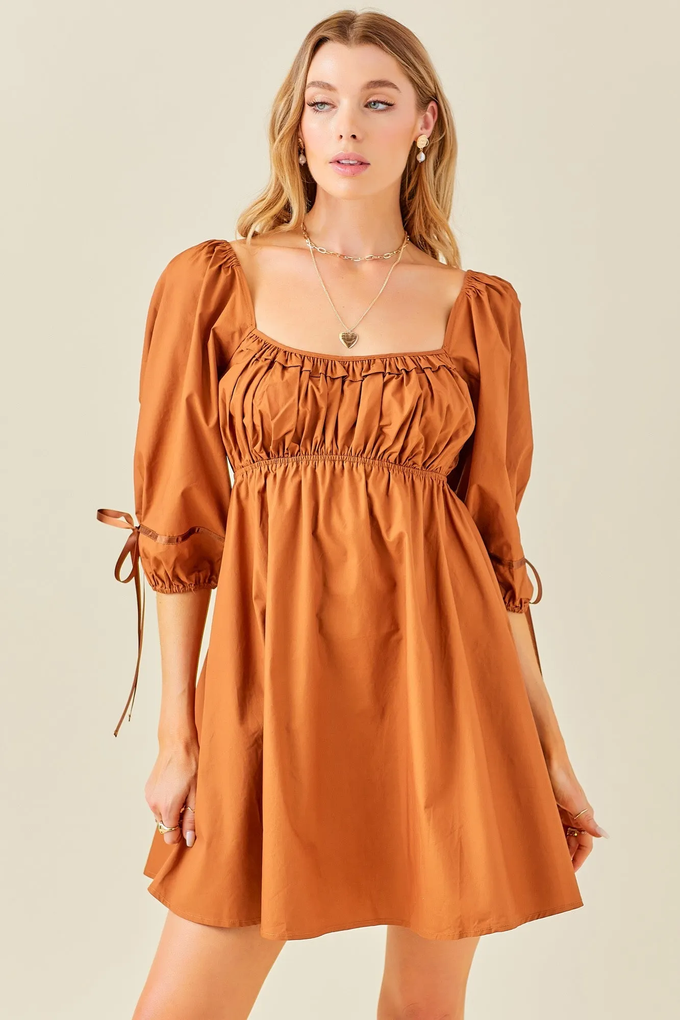 Rust Ruched Puff Sleeve Dress sold by Pinkblush product image thumbnail 2