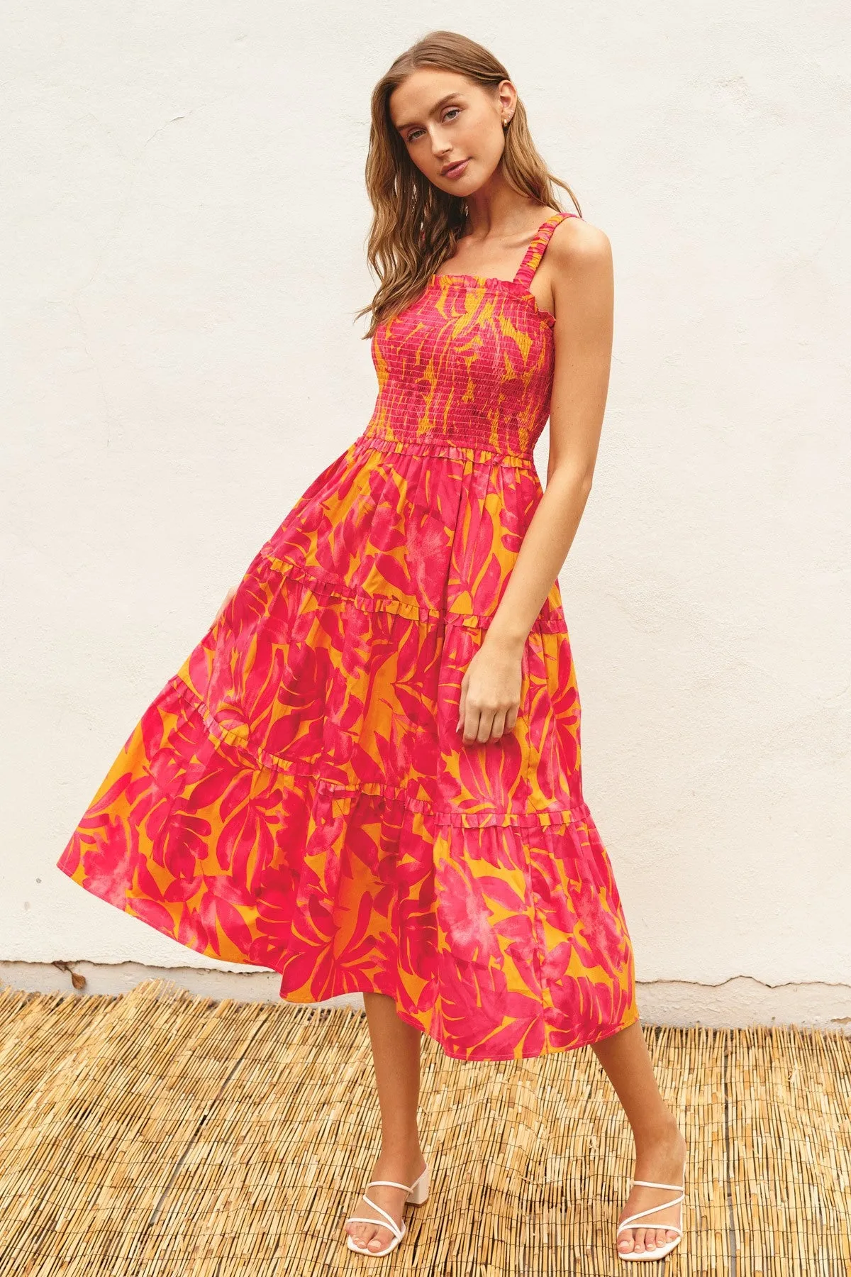 Coral Tropical Smocked Ruffle Tiered Midi Dress sold by Pinkblush product image thumbnail 2