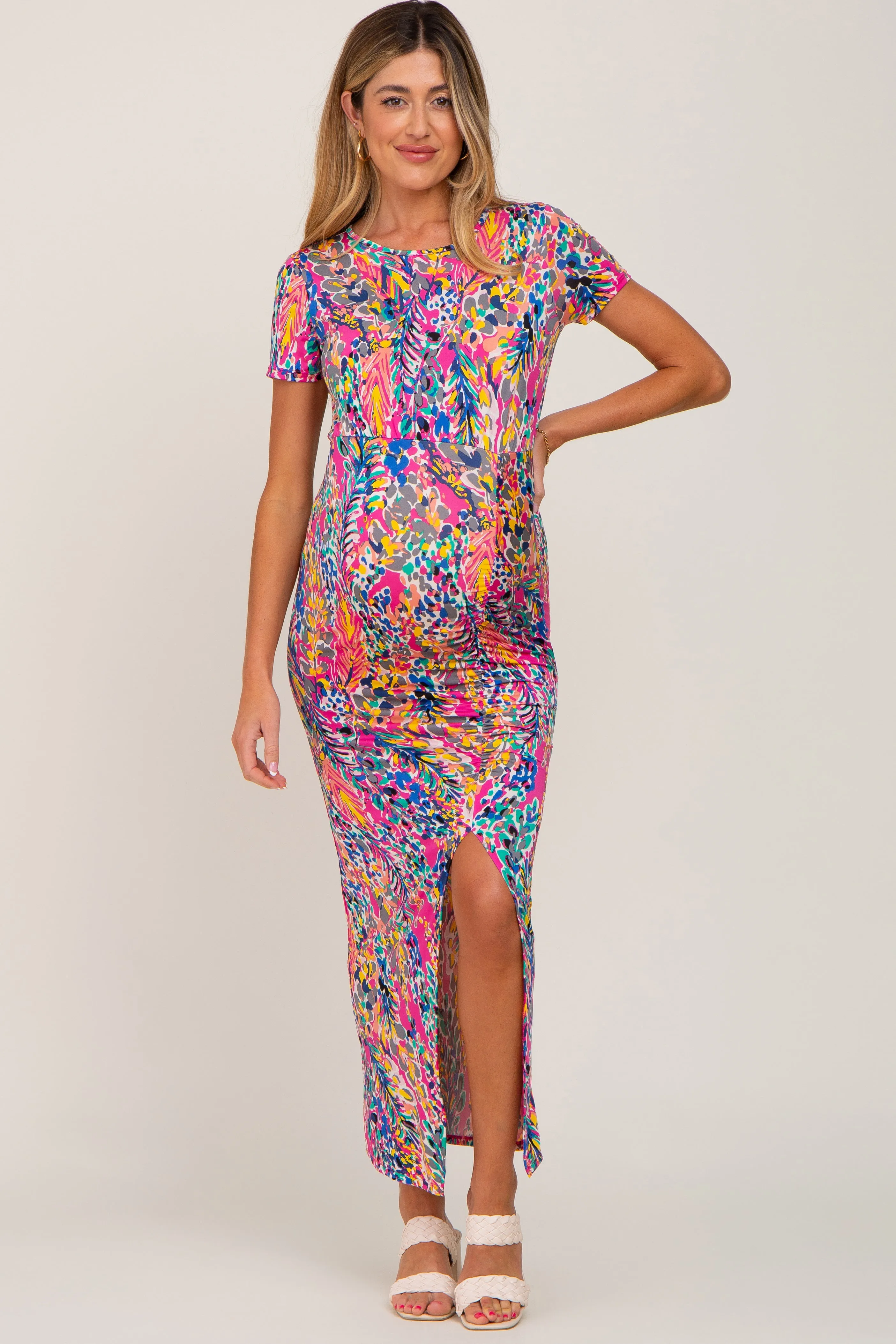 Fuchsia Multi-Color Floral Side Slit Maternity Maxi Dress sold by Pinkblush product image thumbnail 4