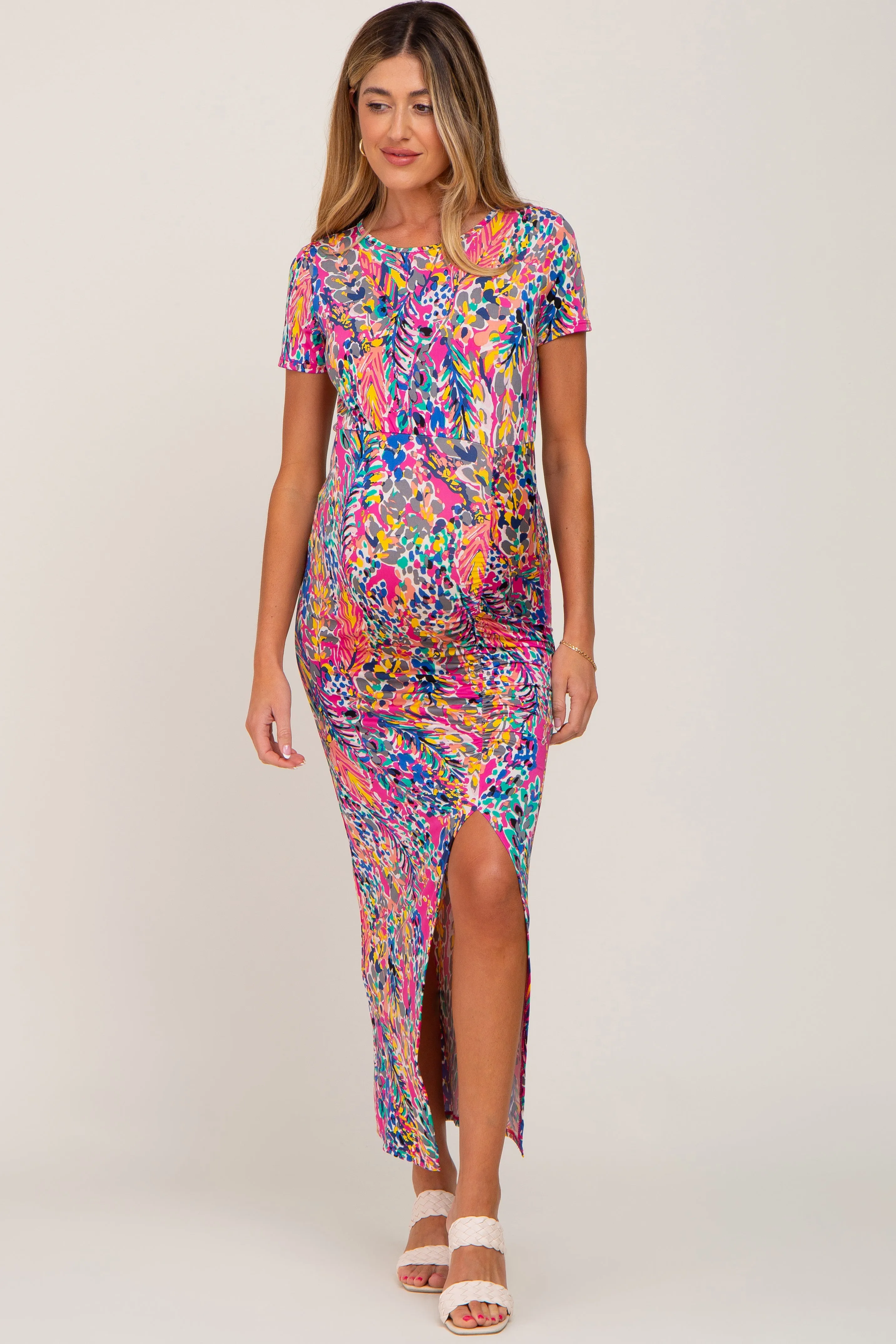 Fuchsia Multi-Color Floral Side Slit Maternity Maxi Dress sold by Pinkblush