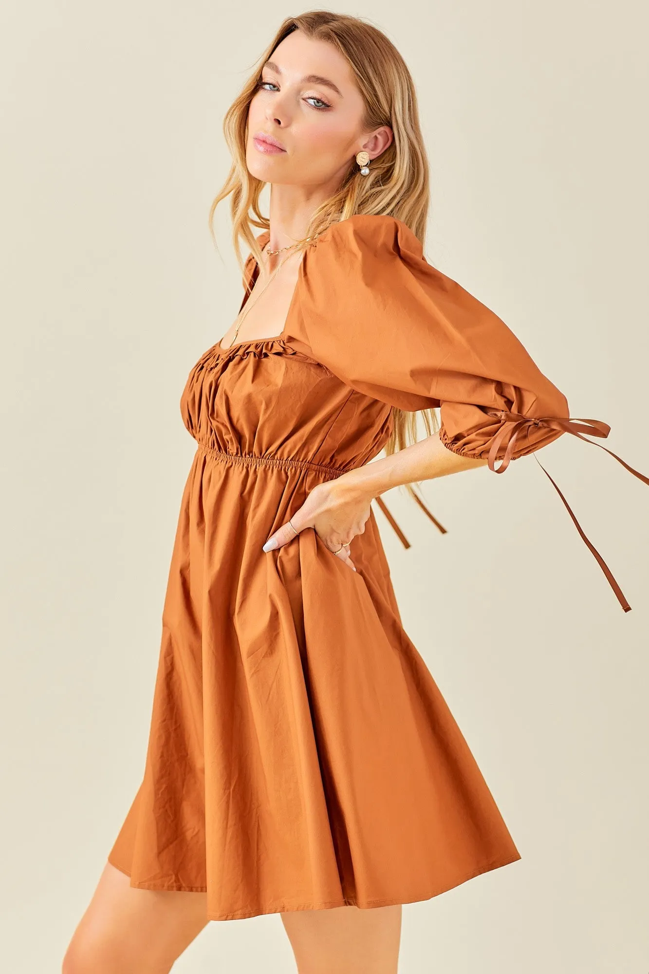 Rust Ruched Puff Sleeve Dress sold by Pinkblush product image thumbnail 3