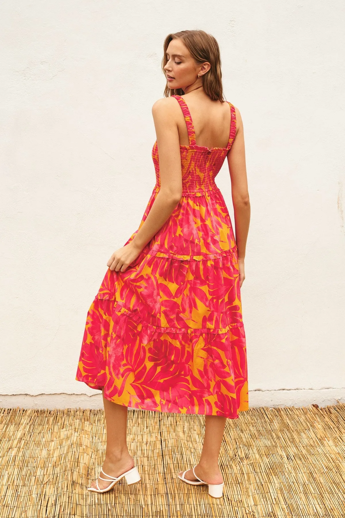 Coral Tropical Smocked Ruffle Tiered Midi Dress sold by Pinkblush product image thumbnail 3
