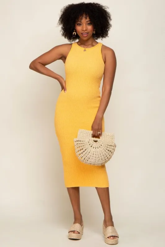 Gold Sleeveless Ribbed Knit Fitted Midi Dress sold by Pinkblush