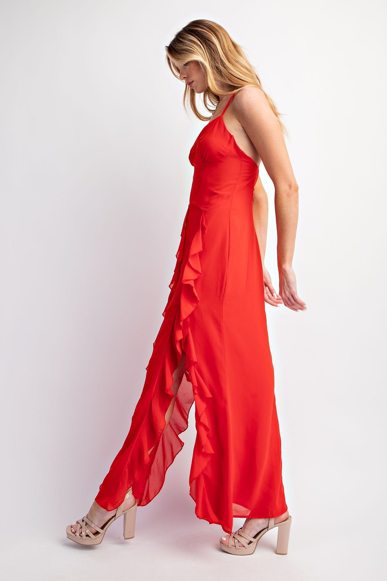 Red Chiffon Ruffle Slits Maxi Dress sold by Pinkblush product image thumbnail 2