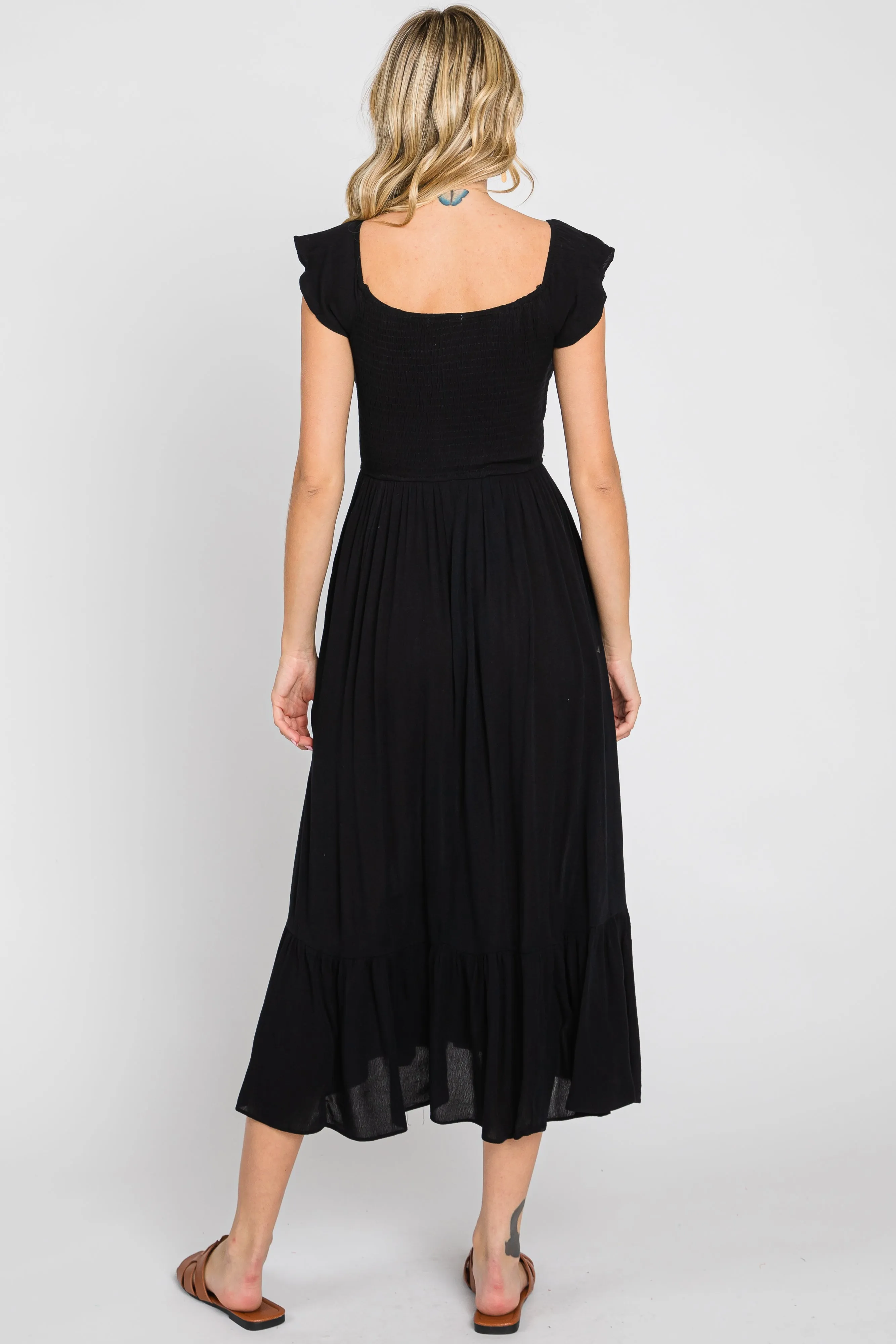 Black Smocked Ruched Ruffle Hem Maxi Dress sold by Pinkblush product image thumbnail 4