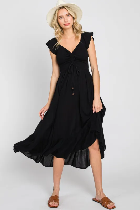 Black Smocked Ruched Ruffle Hem Maxi Dress sold by Pinkblush
