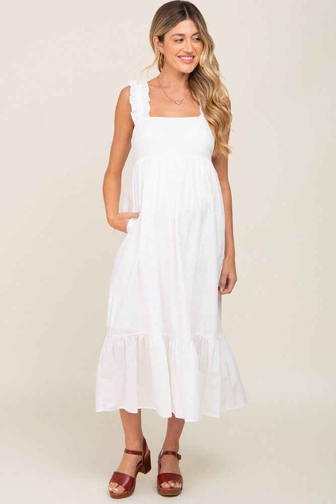 White Ruffle Accent Back Tie Maternity Midi Dress sold by Pinkblush product image thumbnail 4