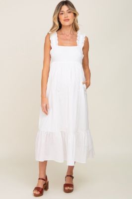 White Ruffle Accent Back Tie Maternity Midi Dress sold by Pinkblush