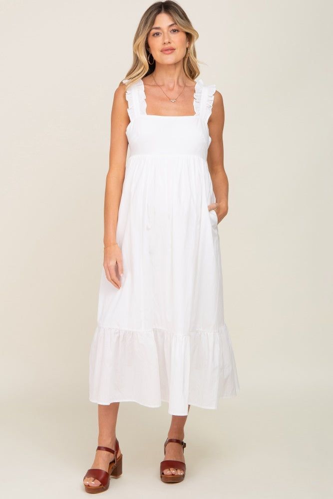 White Ruffle Accent Back Tie Maternity Midi Dress sold by Pinkblush
