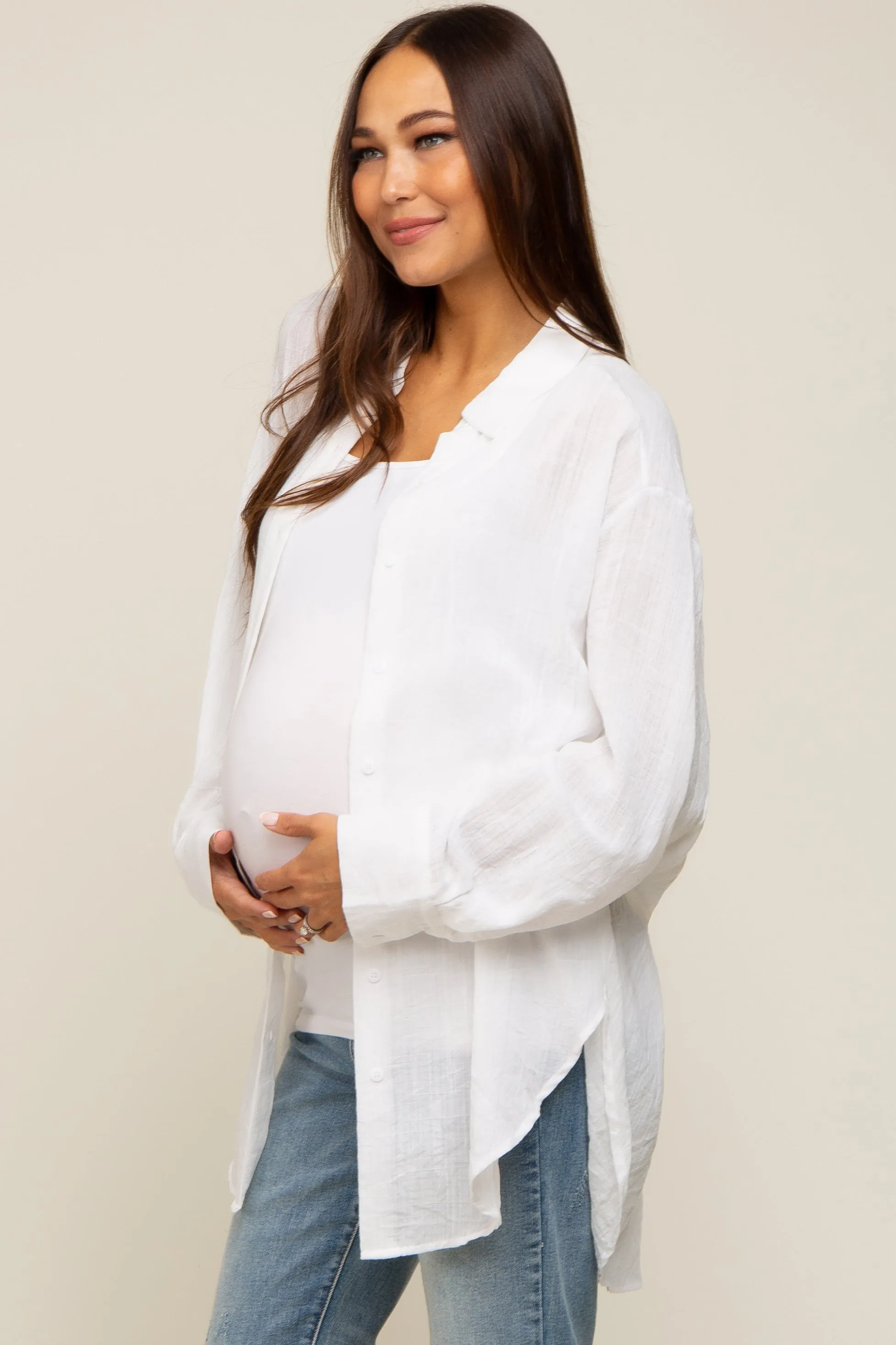 Ivory Lightweight Sheer Button Down Maternity Blouse sold by Pinkblush product image thumbnail 3