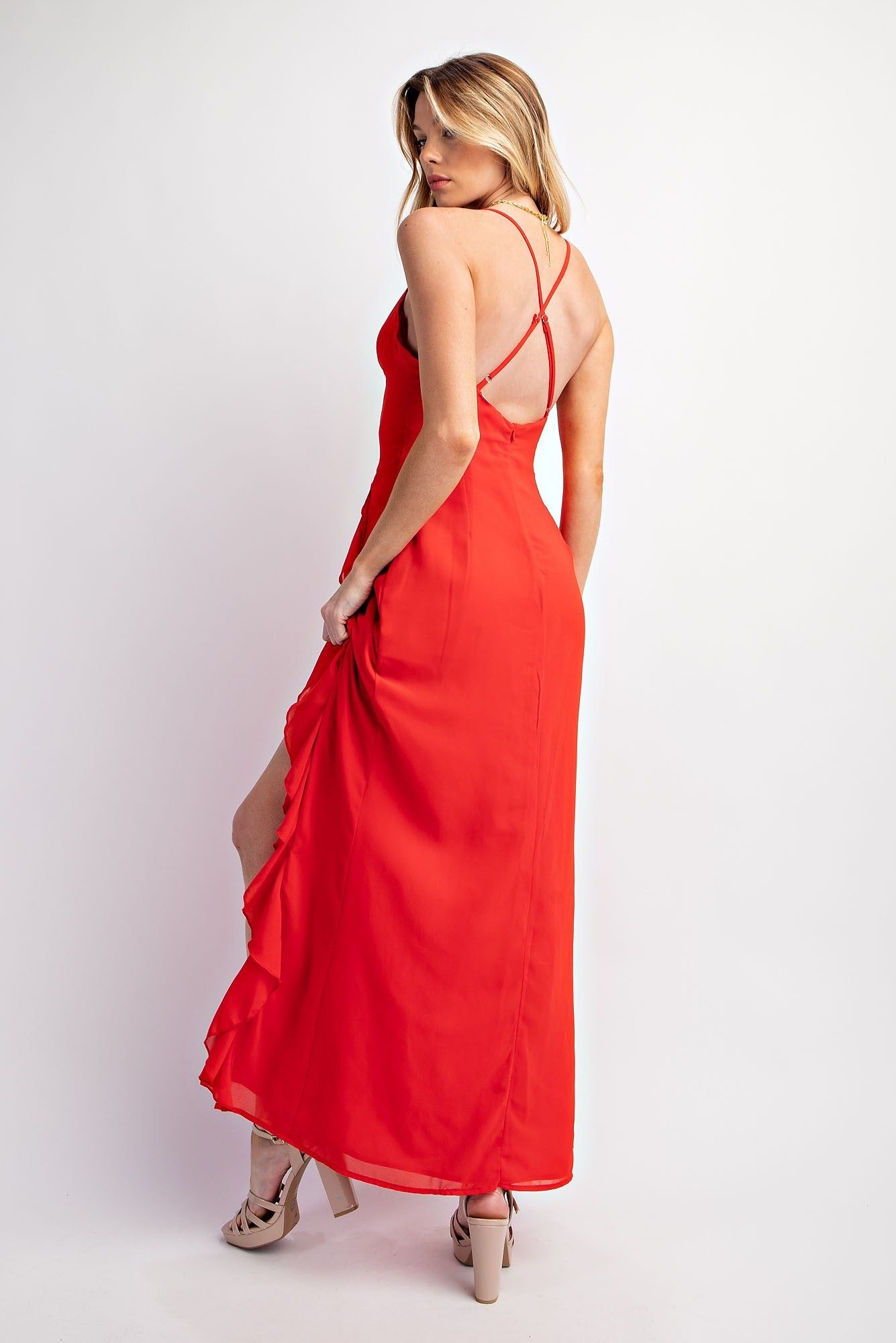 Red Chiffon Ruffle Slits Maxi Dress sold by Pinkblush product image thumbnail 3