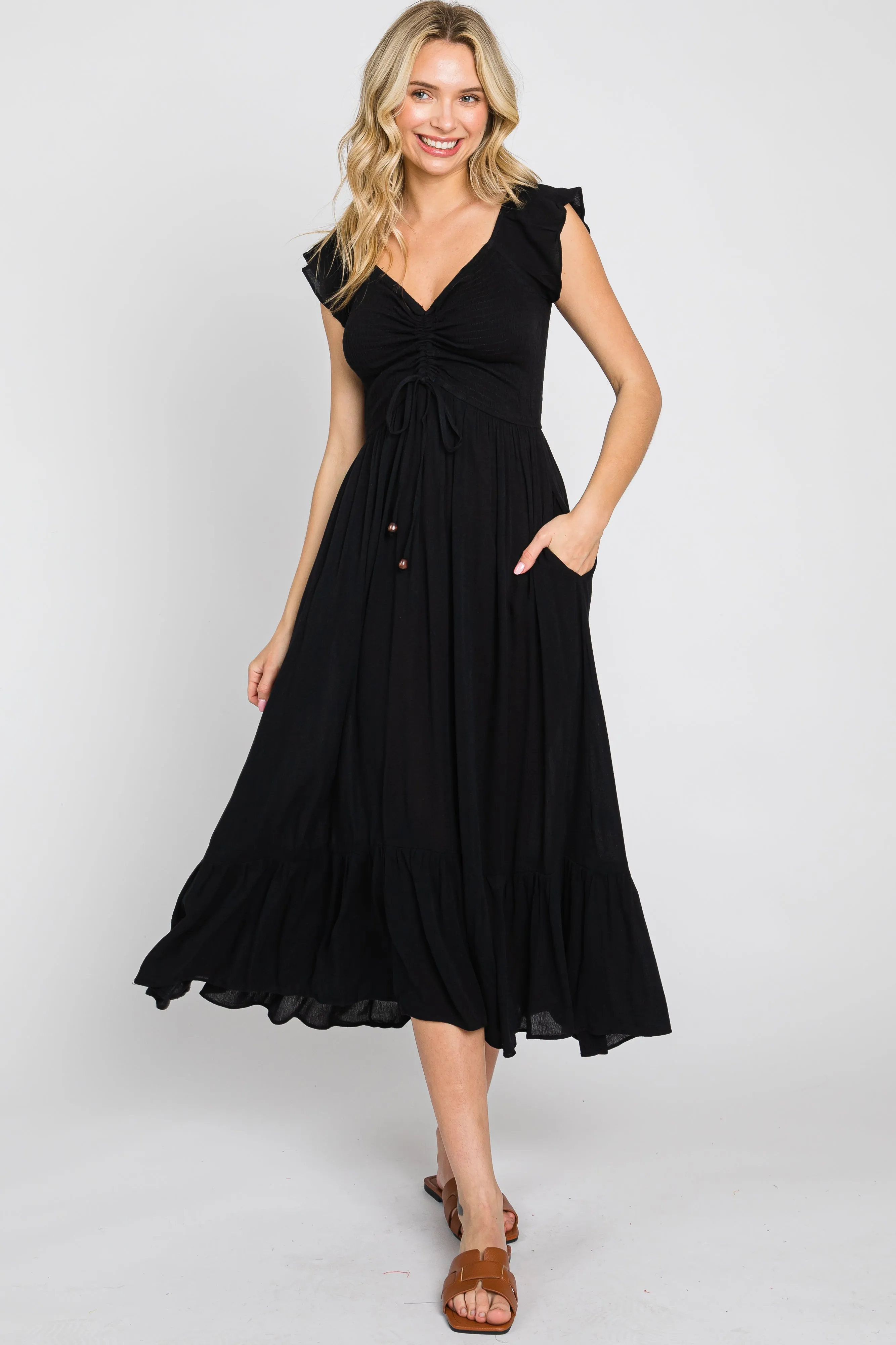 Black Smocked Ruched Ruffle Hem Maxi Dress sold by Pinkblush product image thumbnail 2