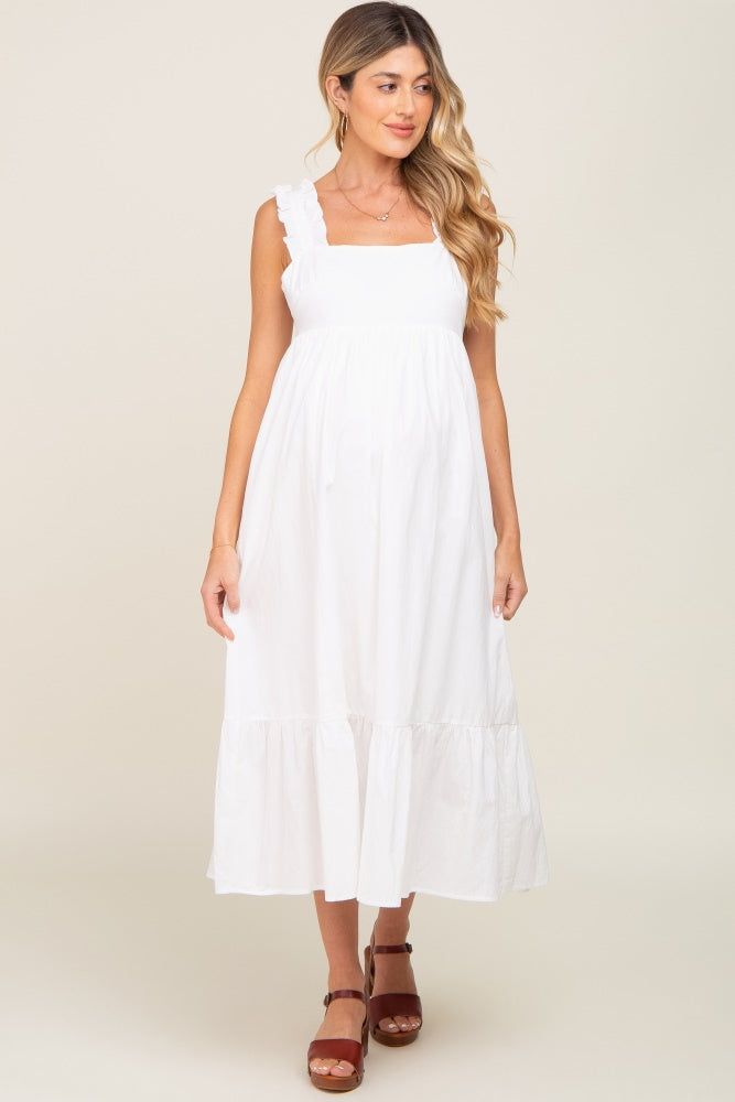 White Ruffle Accent Back Tie Maternity Midi Dress sold by Pinkblush product image thumbnail 5