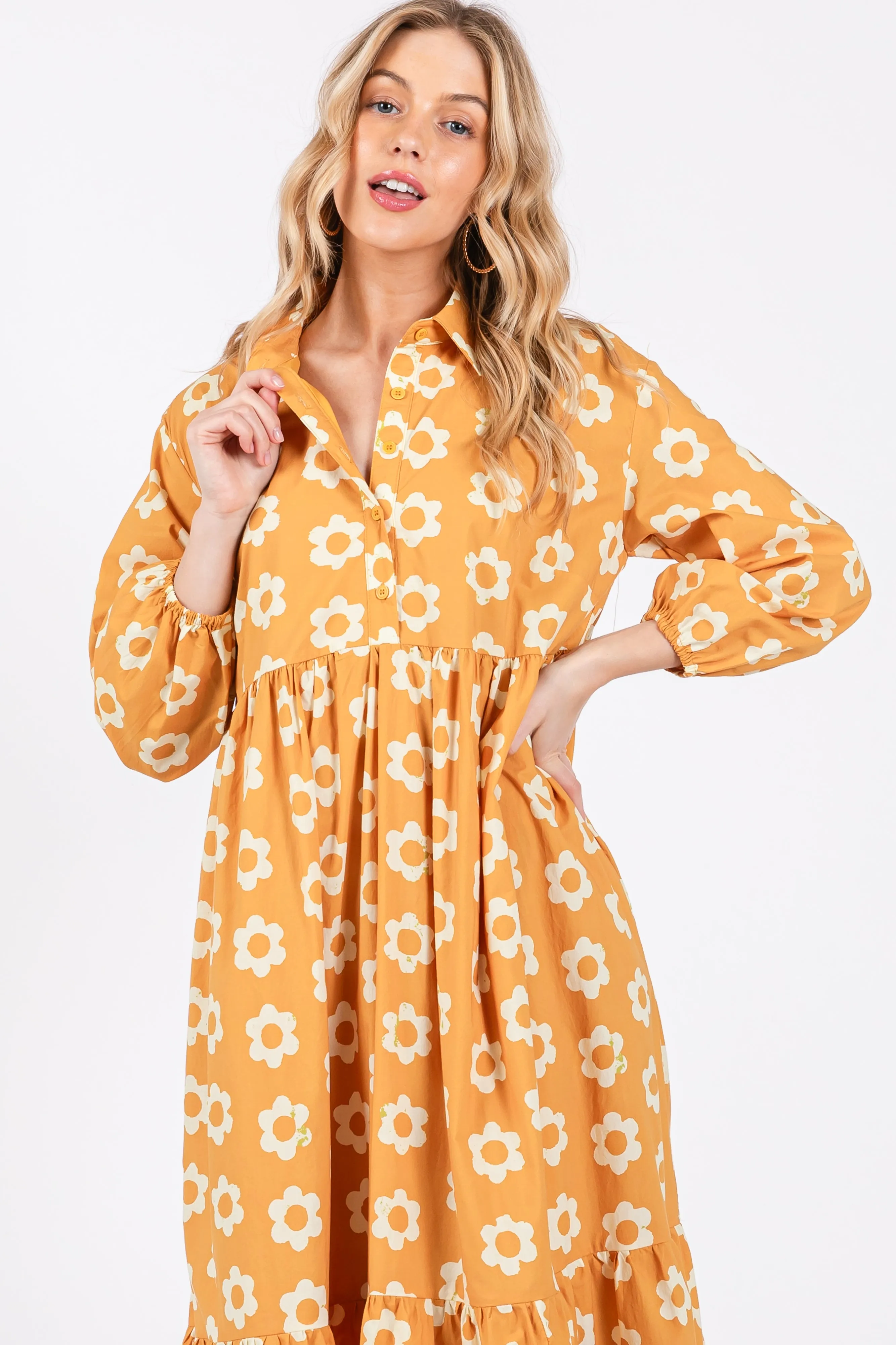 Yellow Floral 3/4 Sleeve Collared Maxi Dress sold by Pinkblush product image thumbnail 4
