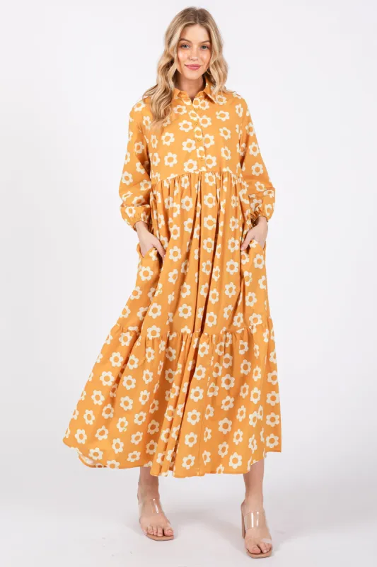 Yellow Floral 3/4 Sleeve Collared Maxi Dress sold by Pinkblush