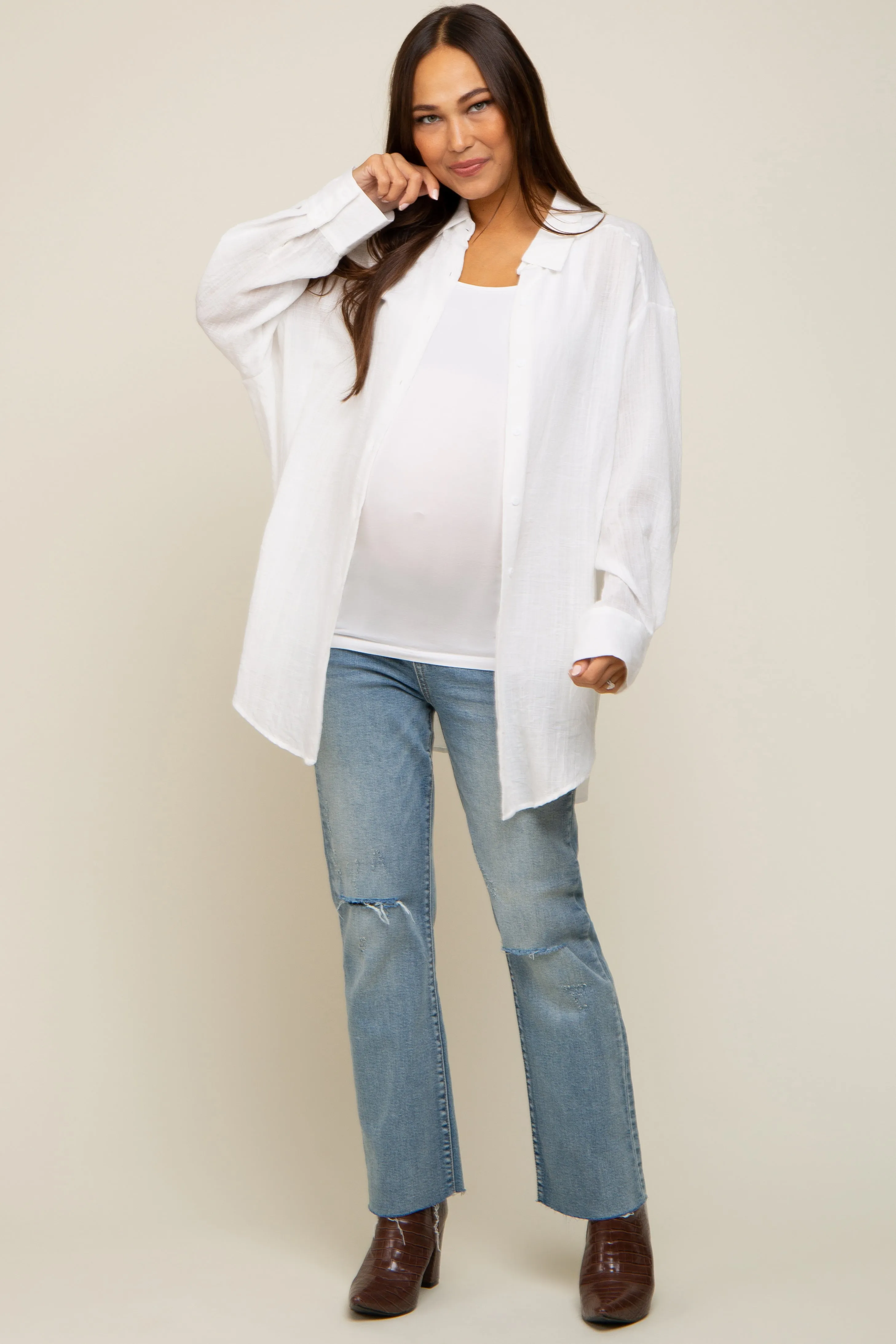Ivory Lightweight Sheer Button Down Maternity Blouse sold by Pinkblush