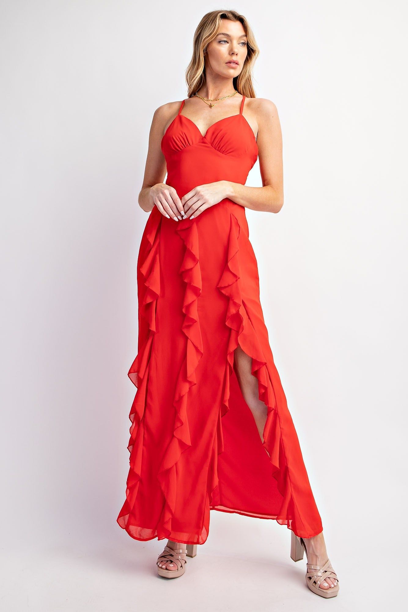 Red Chiffon Ruffle Slits Maxi Dress sold by Pinkblush