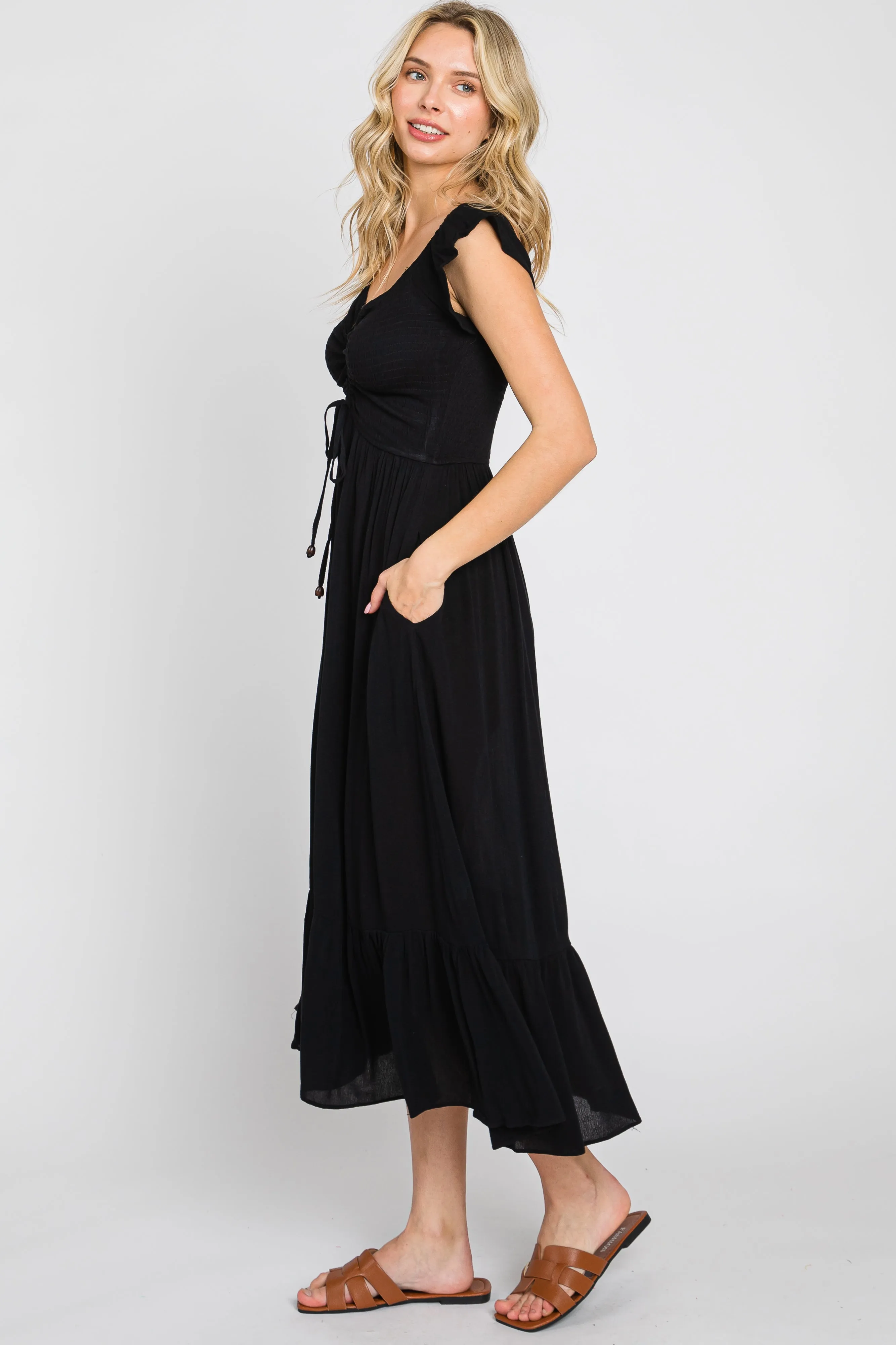 Black Smocked Ruched Ruffle Hem Maxi Dress sold by Pinkblush product image thumbnail 3