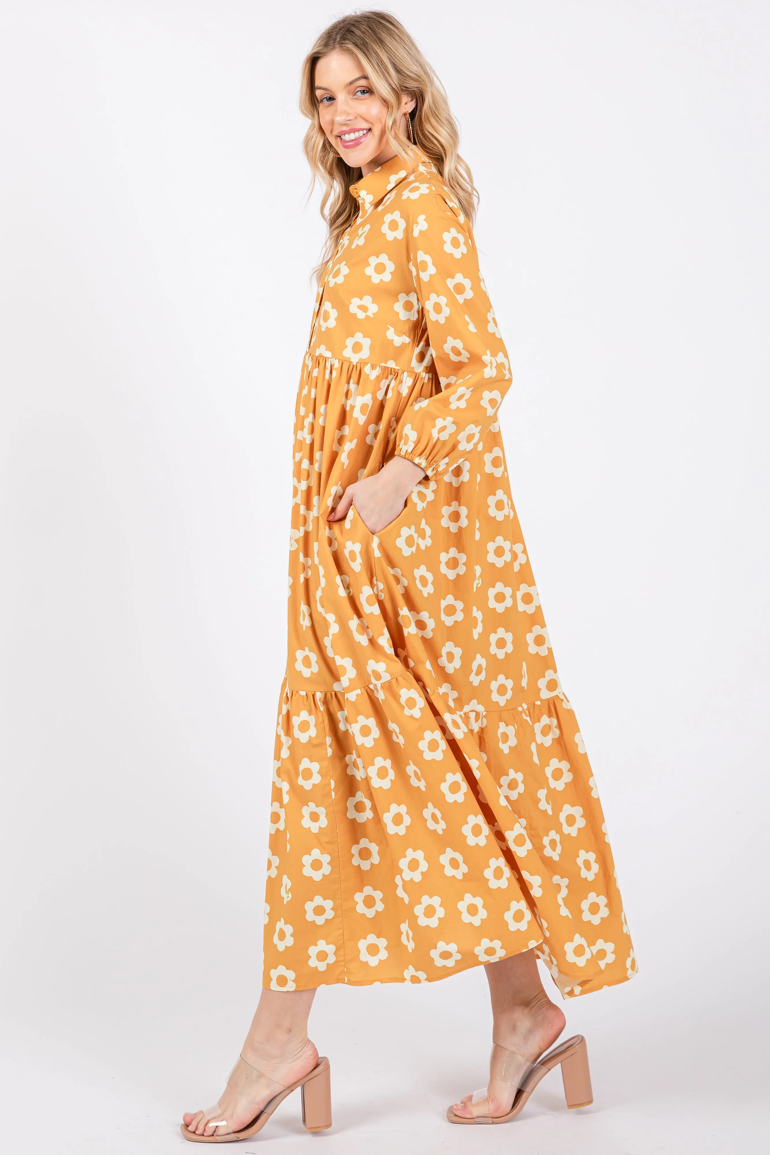 Yellow Floral 3/4 Sleeve Collared Maxi Dress sold by Pinkblush product image thumbnail 2