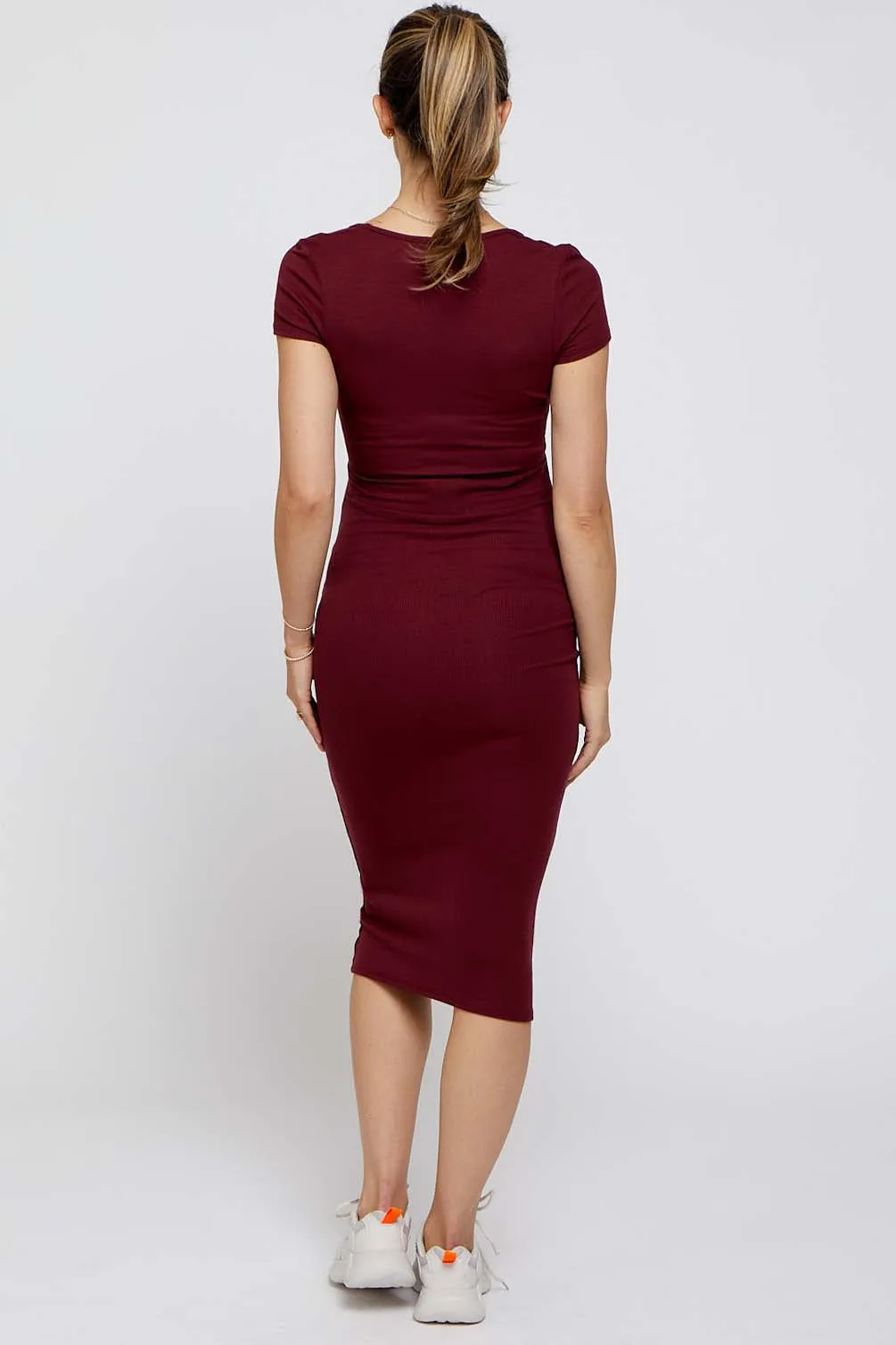 Burgundy Rib Knit Short Sleeve Maternity Midi Dress sold by Pinkblush product image thumbnail 4