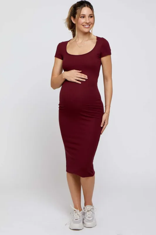 Burgundy Rib Knit Short Sleeve Maternity Midi Dress sold by Pinkblush