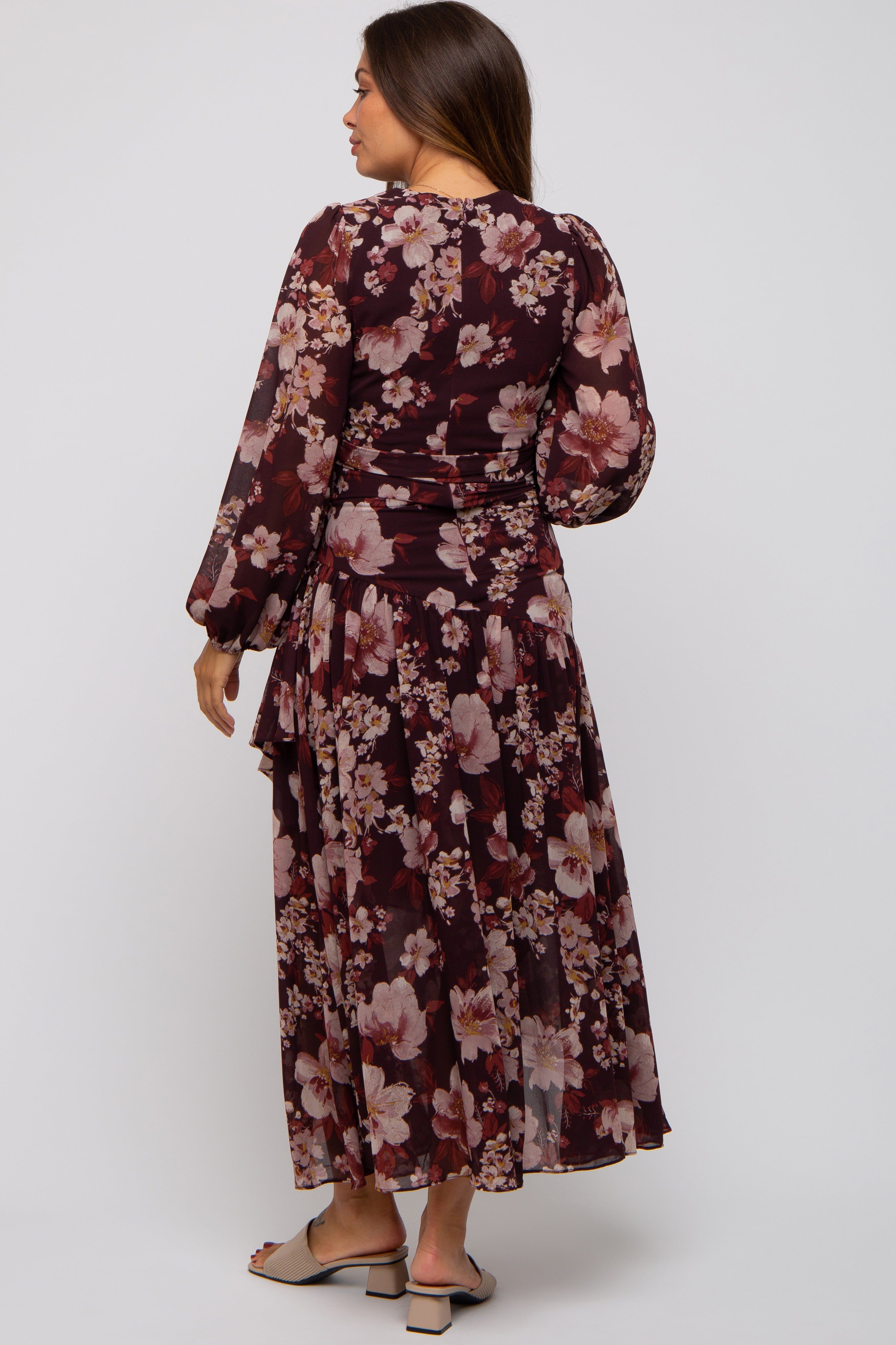 Burgundy Floral Chiffon Wrap Front Ruffle Maternity Midi Dress sold by Pinkblush product image thumbnail 3