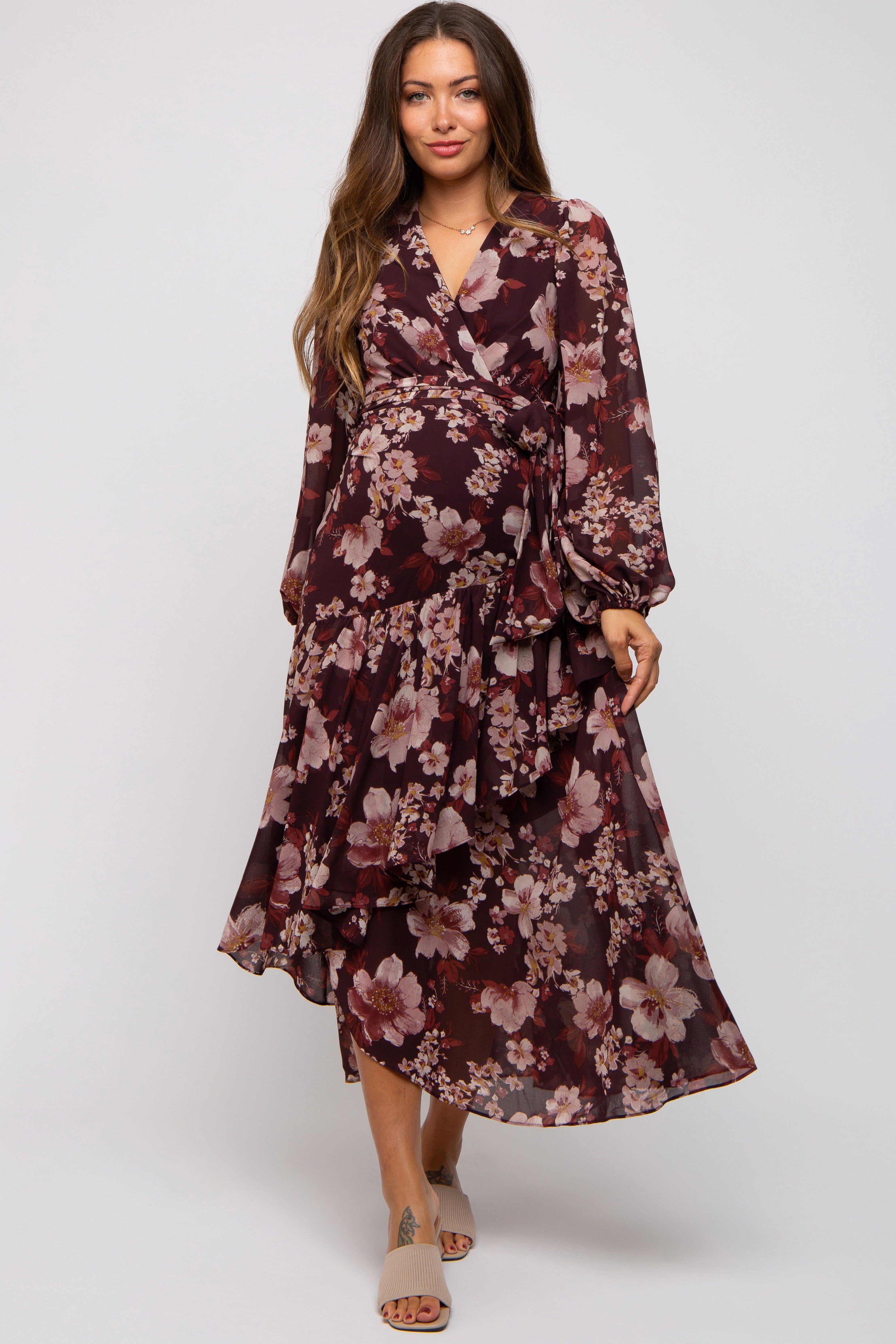 Burgundy Floral Chiffon Wrap Front Ruffle Maternity Midi Dress sold by Pinkblush