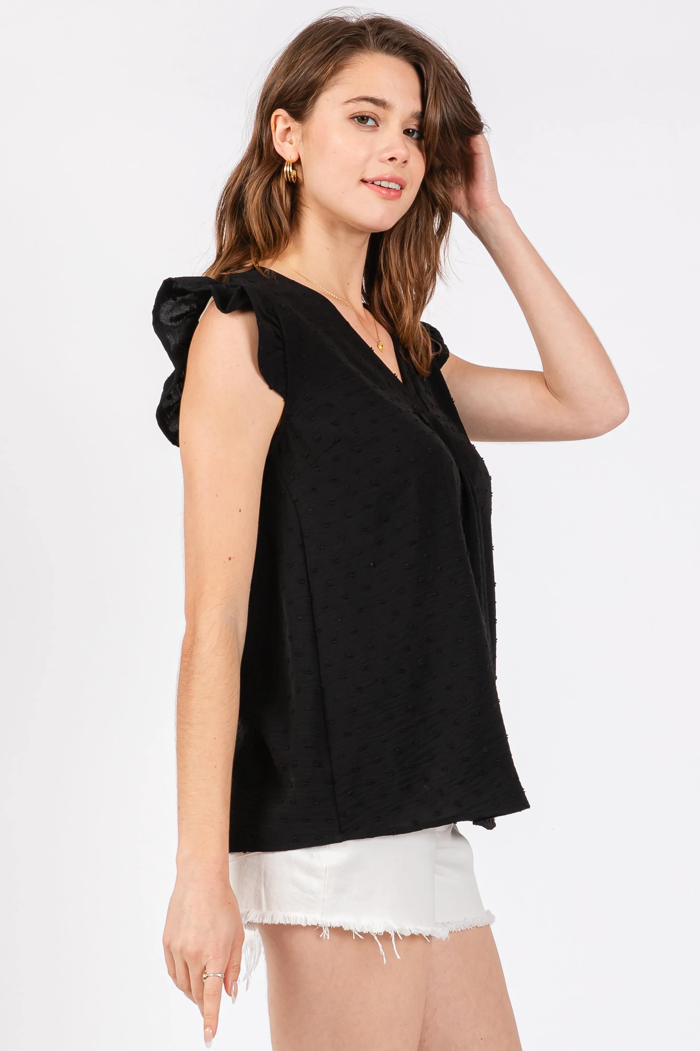 Black Swiss Dot Flutter Sleeve V-Neck Top sold by Pinkblush product image thumbnail 2